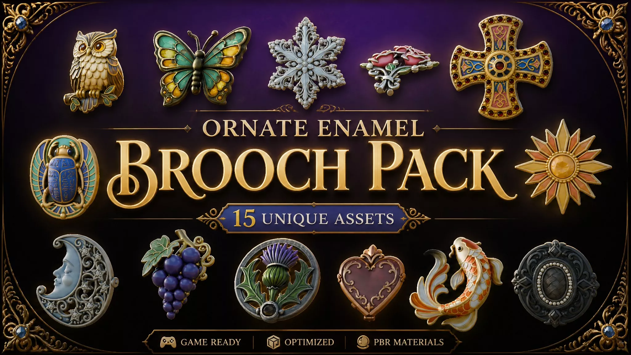 Ornate Enamel Brooch Pack Low-poly 3D model