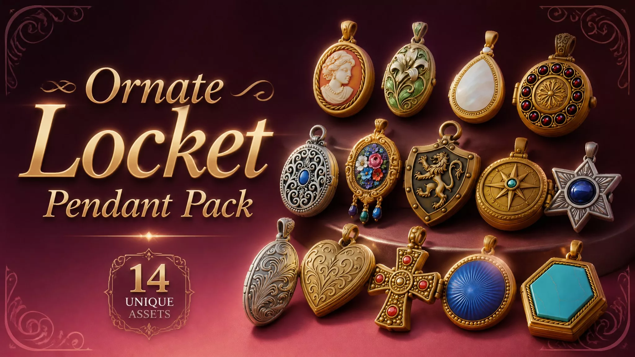 Ornate Locket Pendant Pack Low-poly 3D model