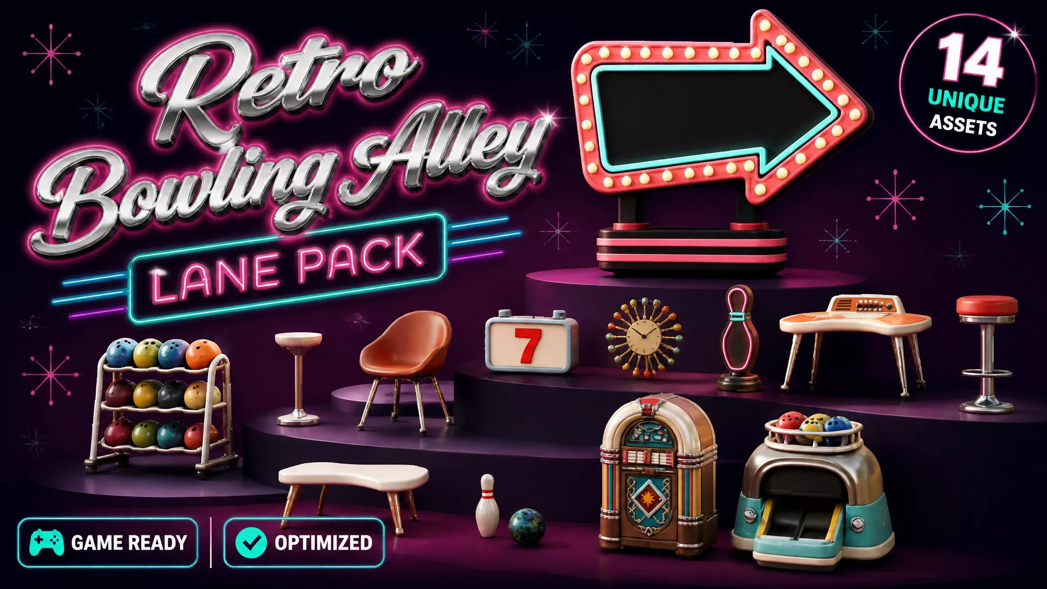 Retro Bowling Alley Lane Pack Low-poly 3D model