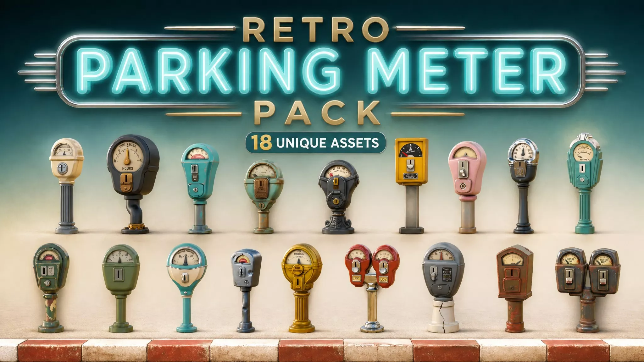Retro Parking Meter Pack Low-poly 3D model