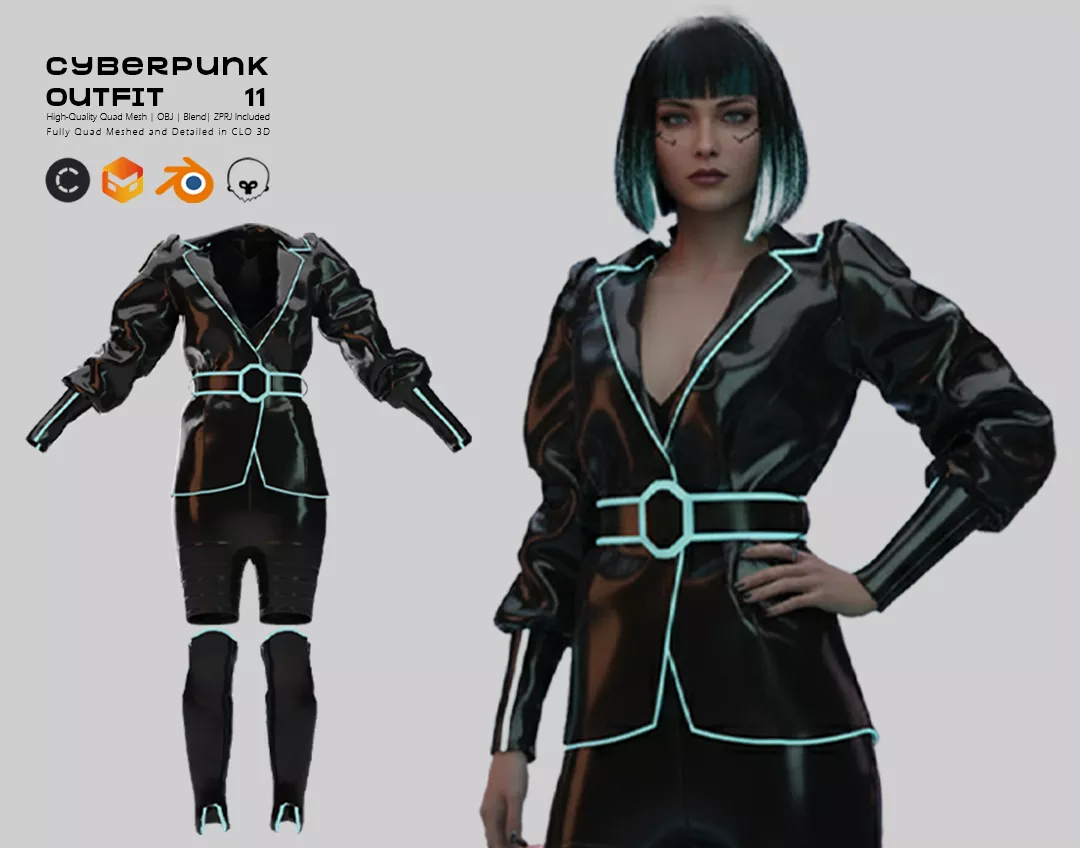 Neon Circuit Cyberpunk Outfit 11 Clo3D MD Blend Obj 3D model