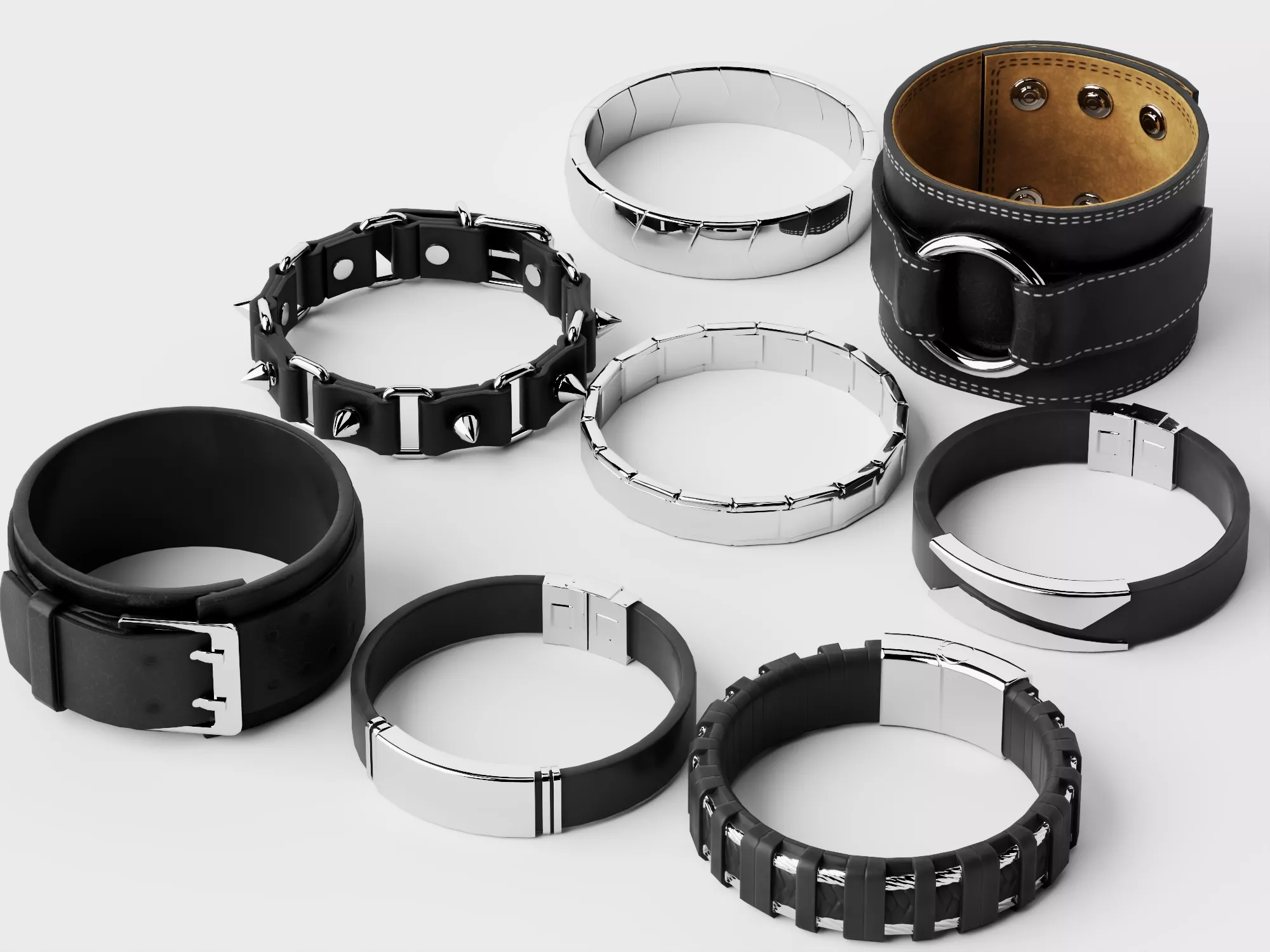 Leather and Metal Bracelets Collection Low-poly 3D model