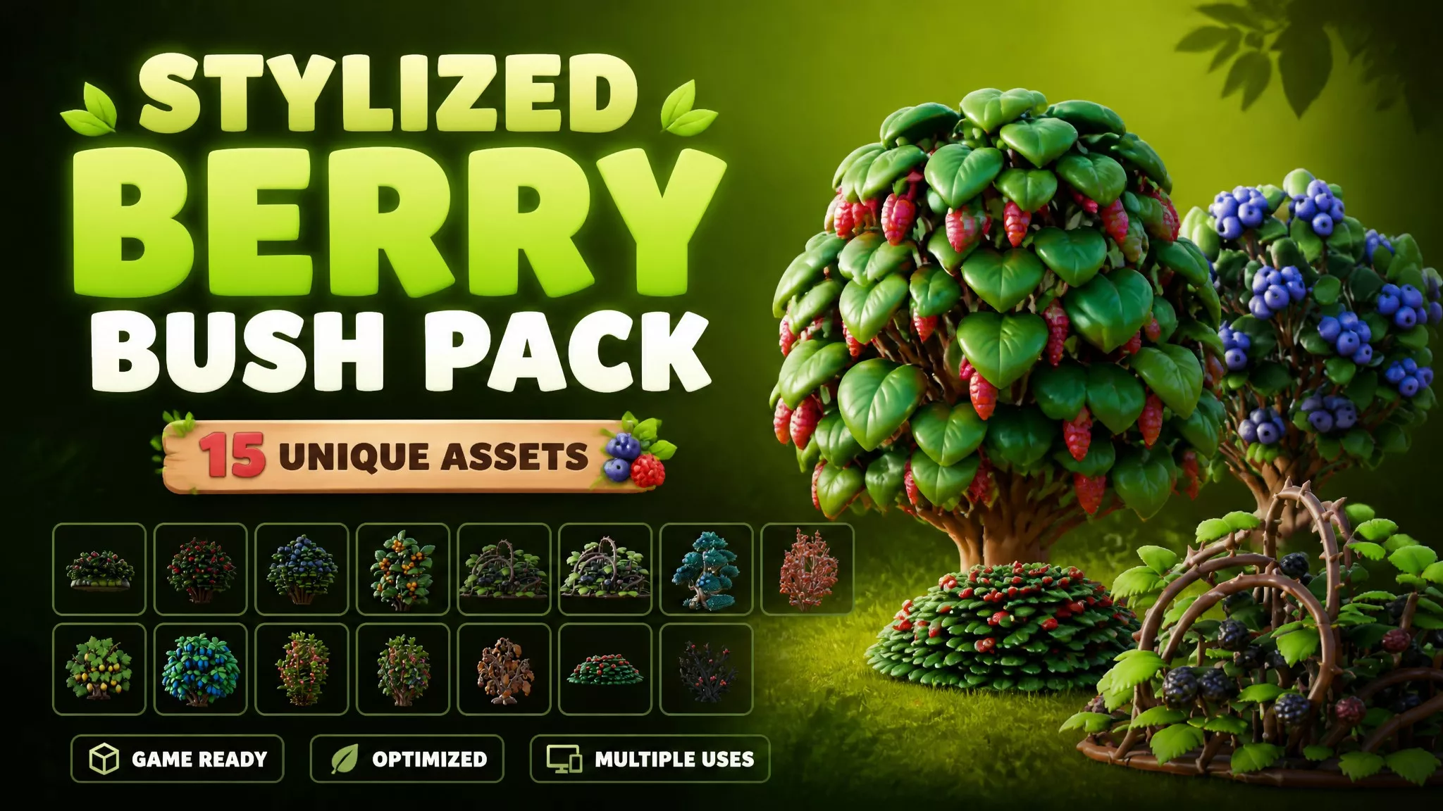 Stylized Berry Bush Pack Low-poly 3D model