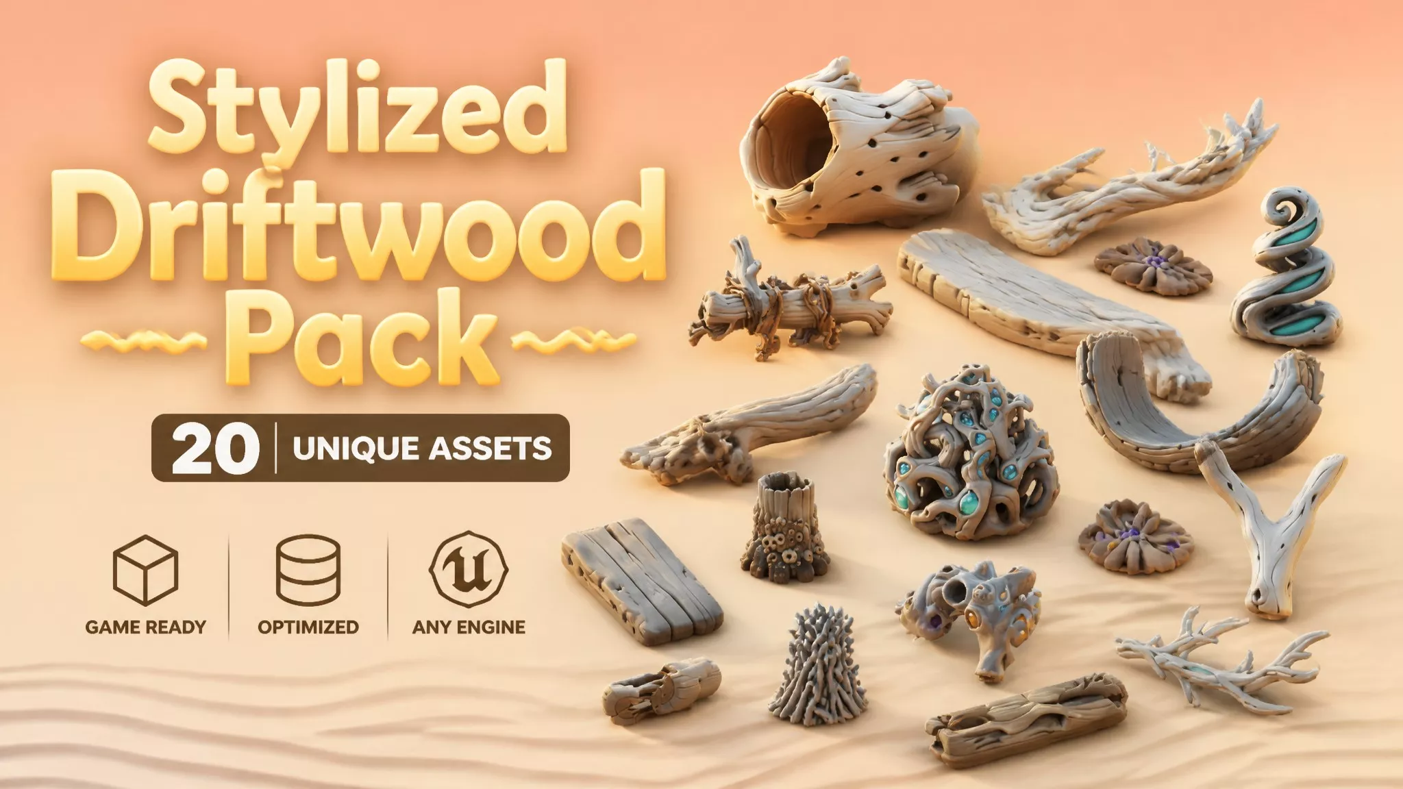 Stylized Driftwood Pack Low-poly 3D model
