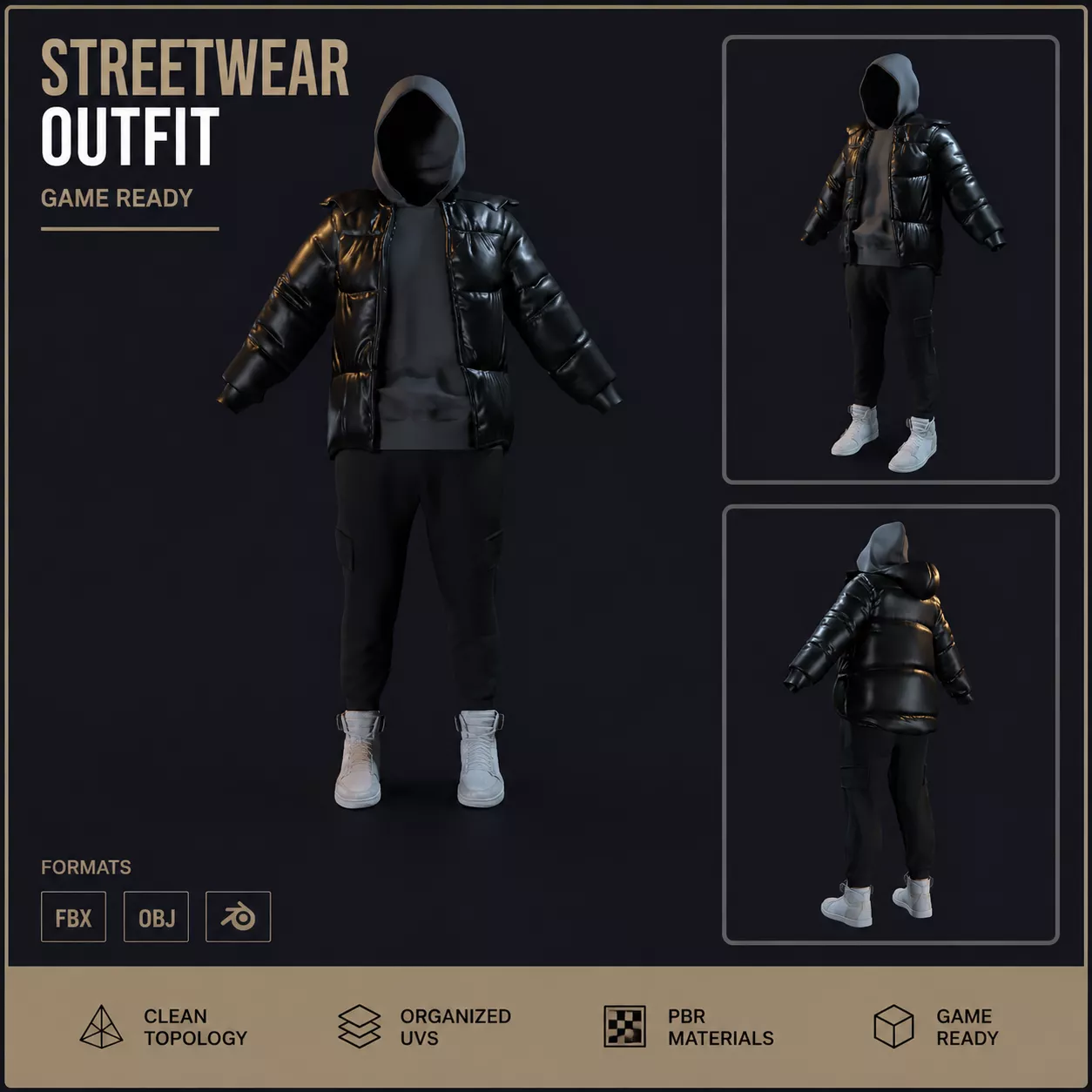 Black Puffer Jacket and Cargo Jogger Outfit GameReady Low-poly 3D model