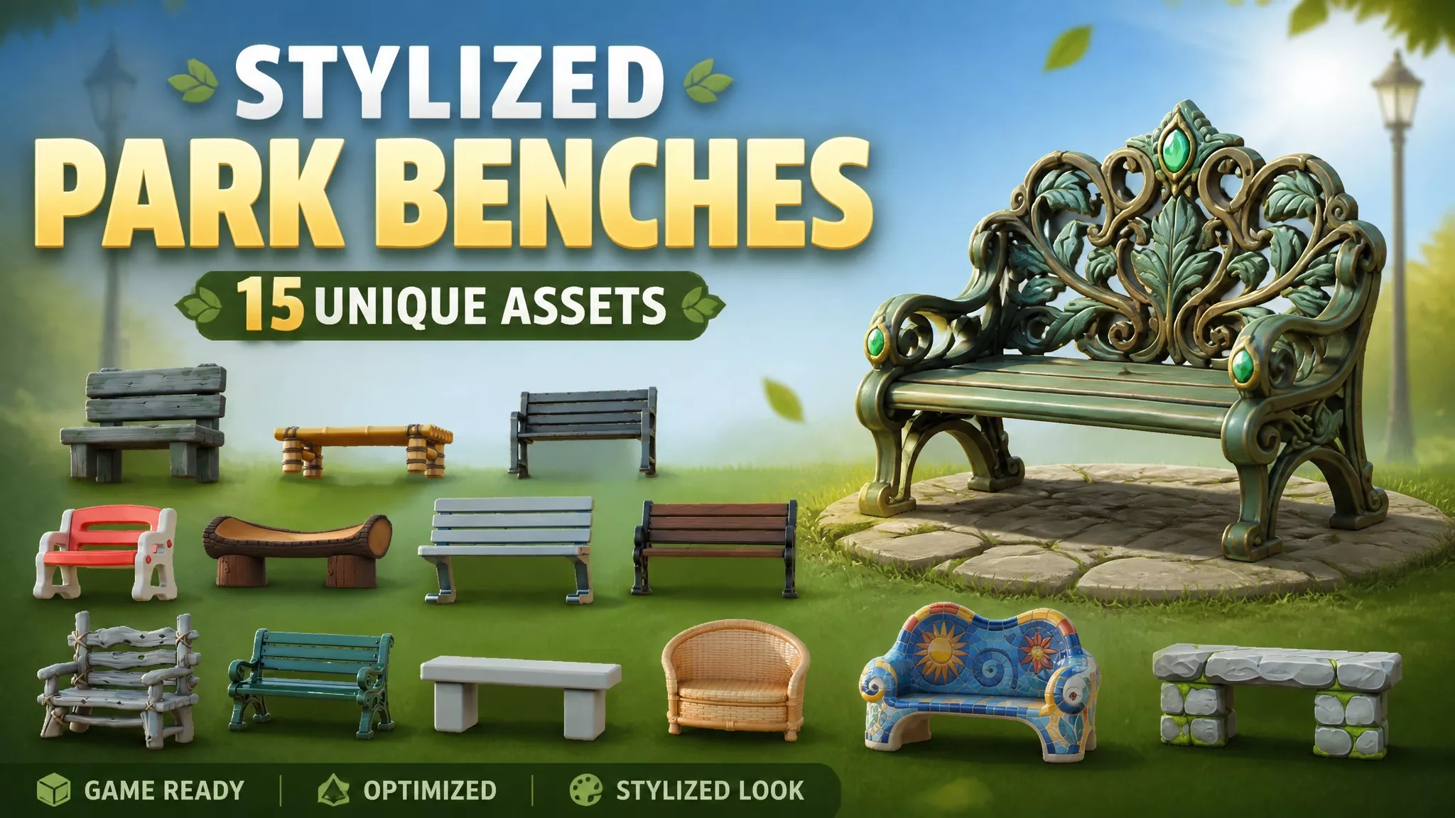 Stylized Park Benches Low-poly 3D model