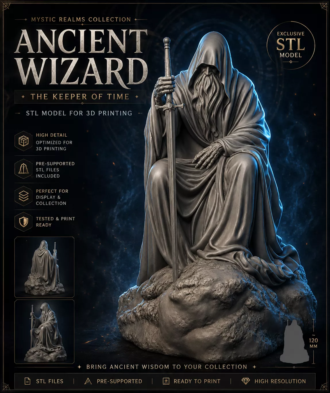 Ancient Wizard The Keeper of Time Fantasy STL 3D print model