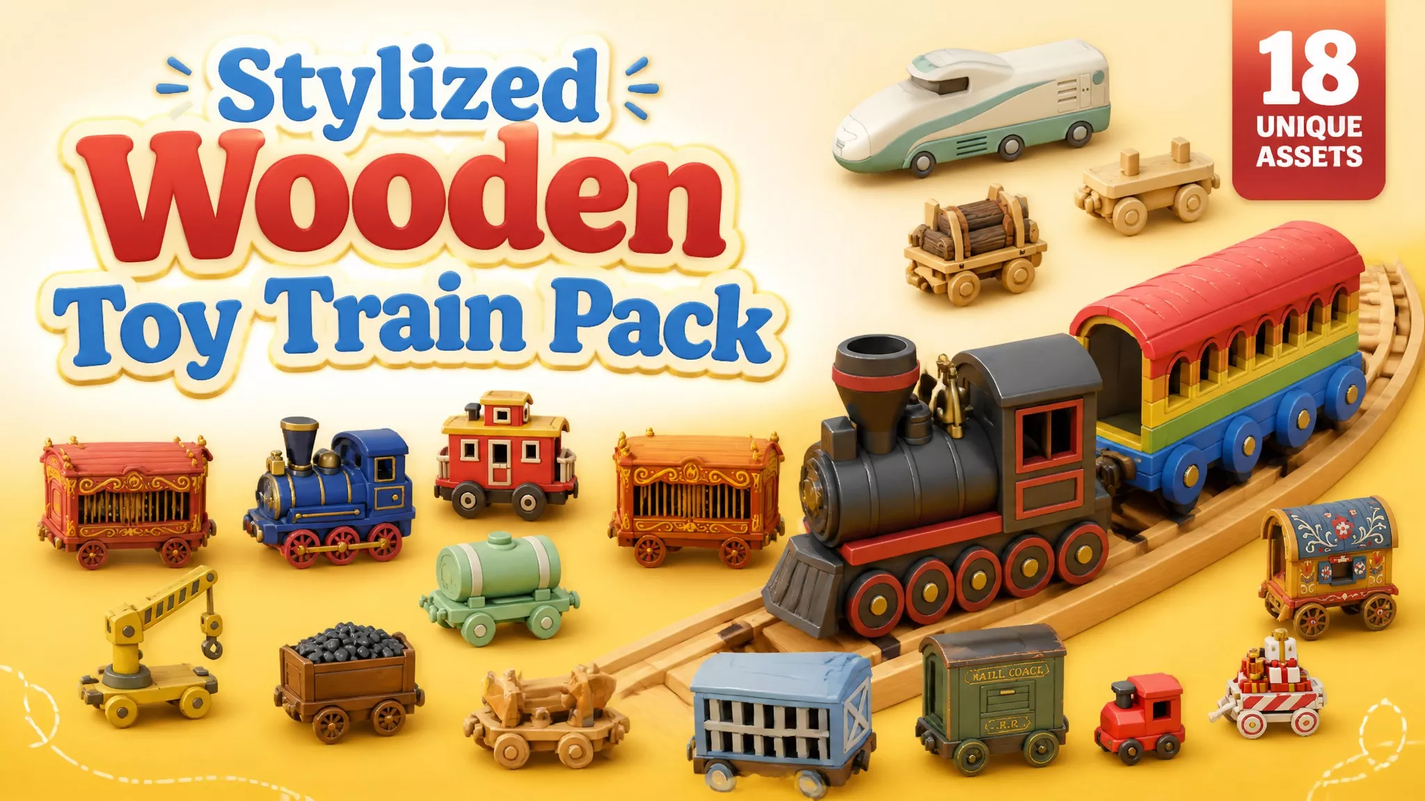 Stylized Wooden Toy Train Pack Low-poly 3D model