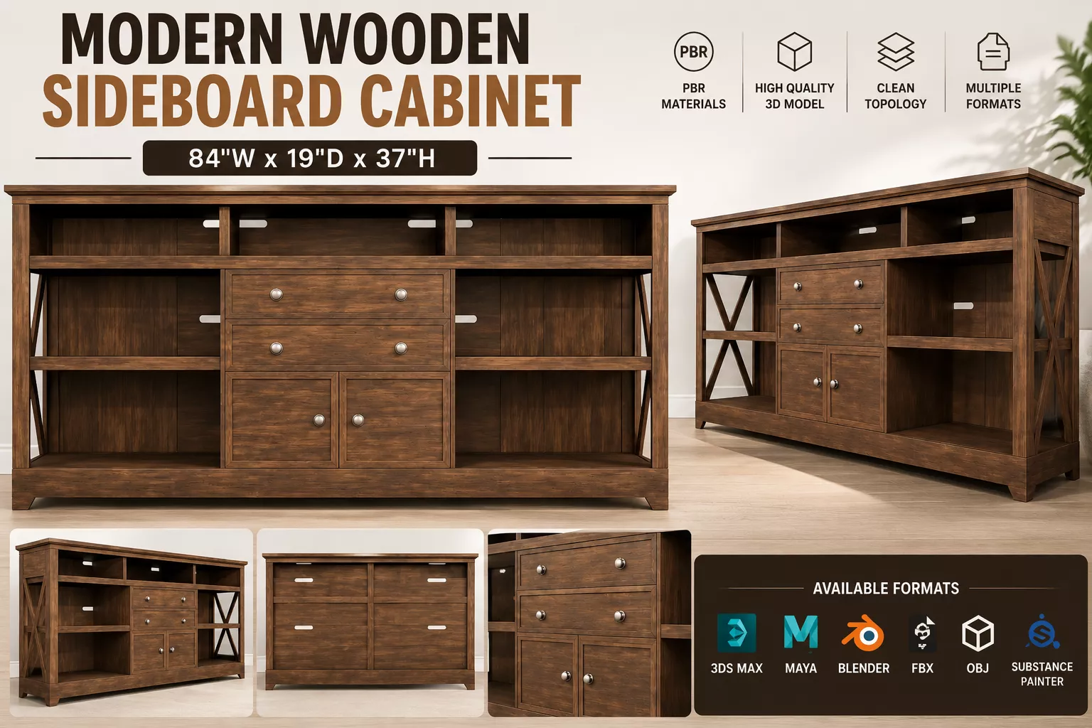 Modern Wooden Sideboard Cabinet 3D Model Low-poly 3D model
