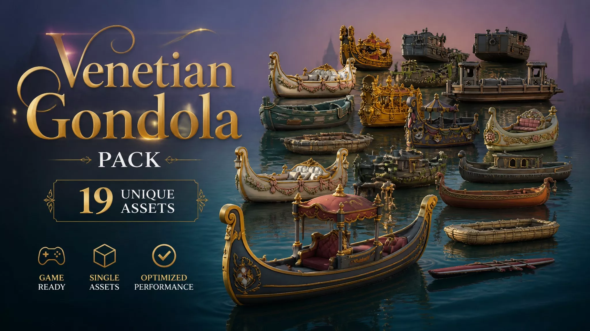 Venetian Gondola Pack Low-poly 3D model