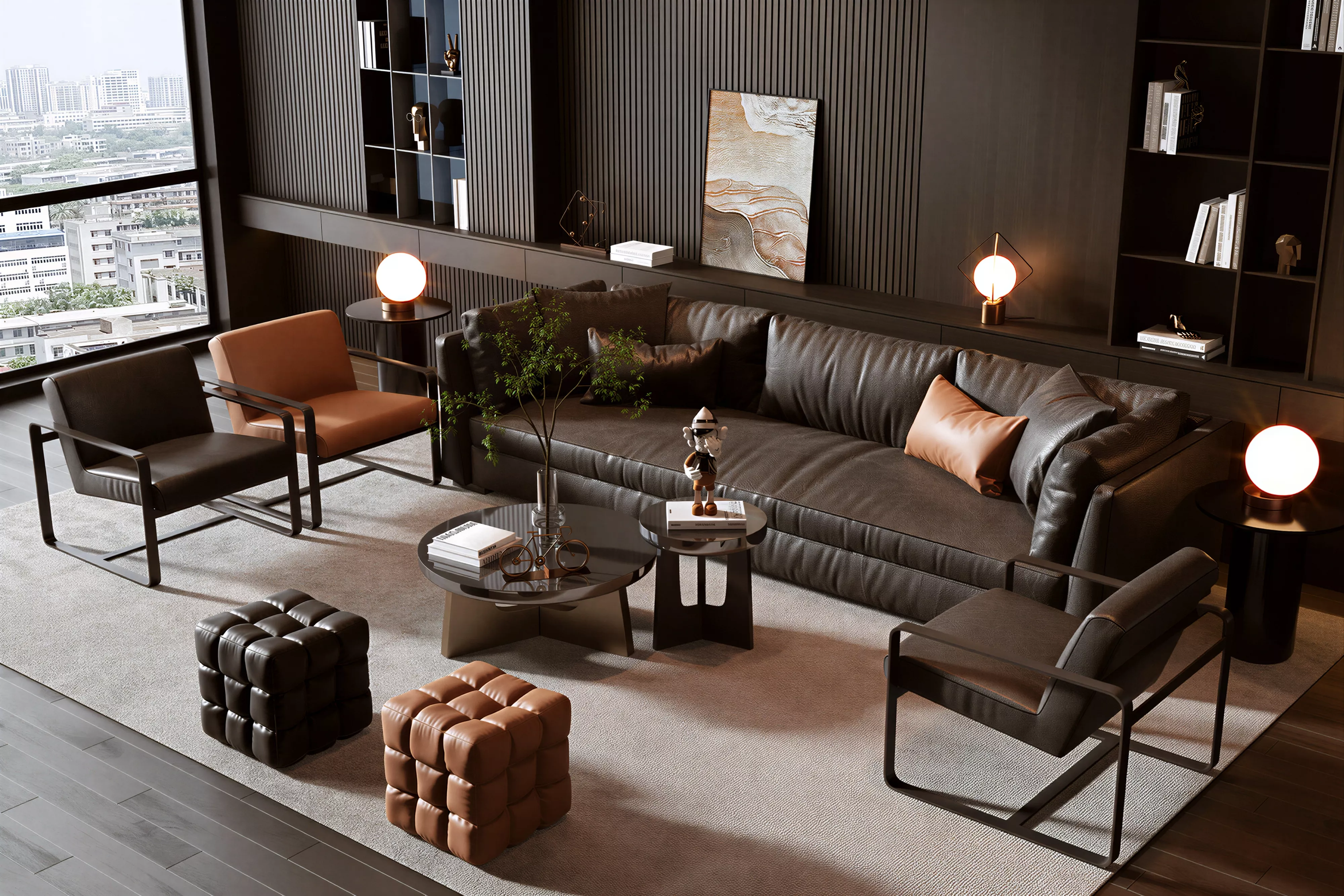 Modern Dark Leather Living Room Sofa Set 3D Model 3D model