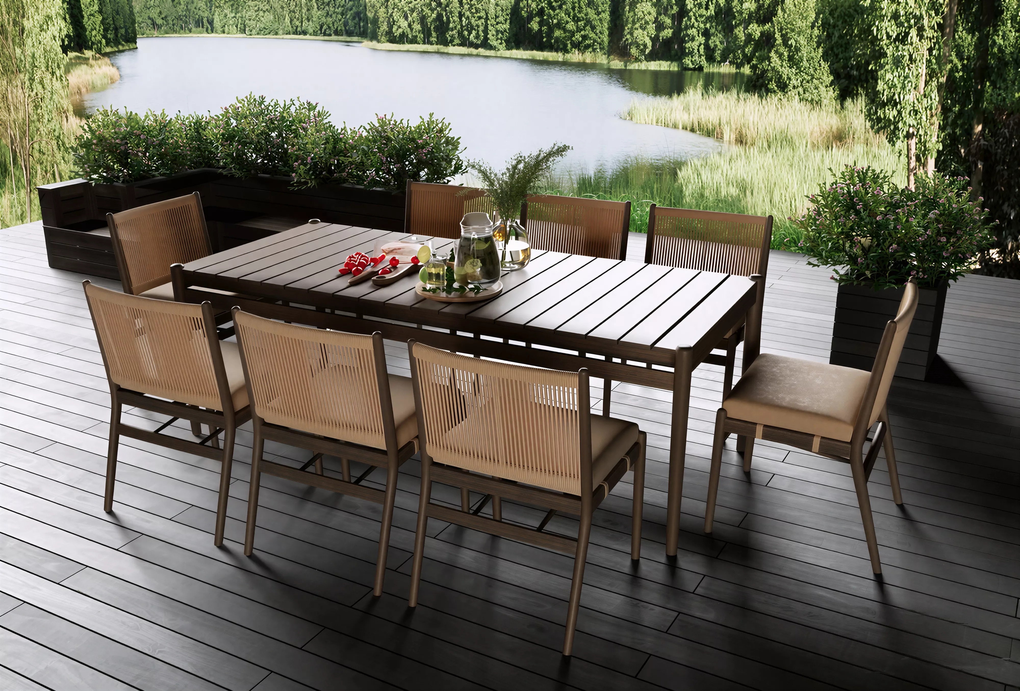 Modern Outdoor Wood Deck Dining Set Lake 3D Model 3D model