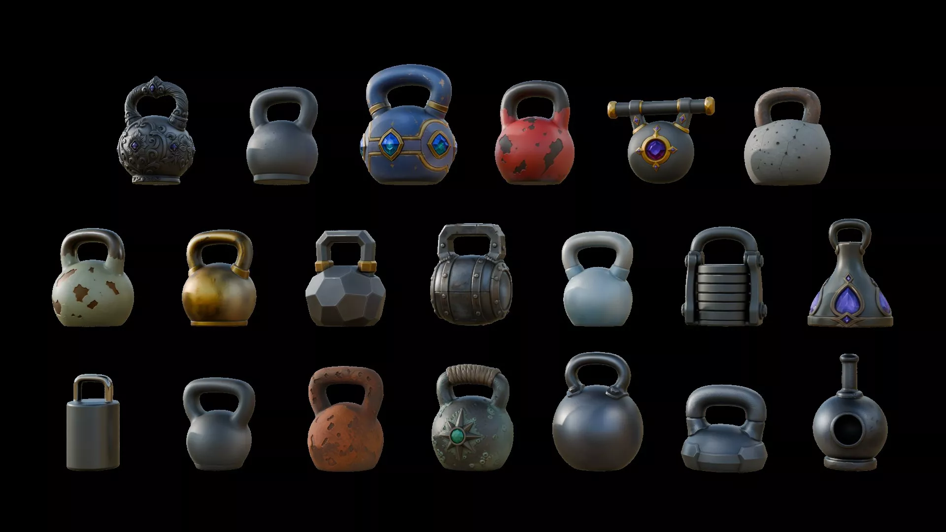 Vintage Cast Iron Kettlebell Pack Low-poly 3D model