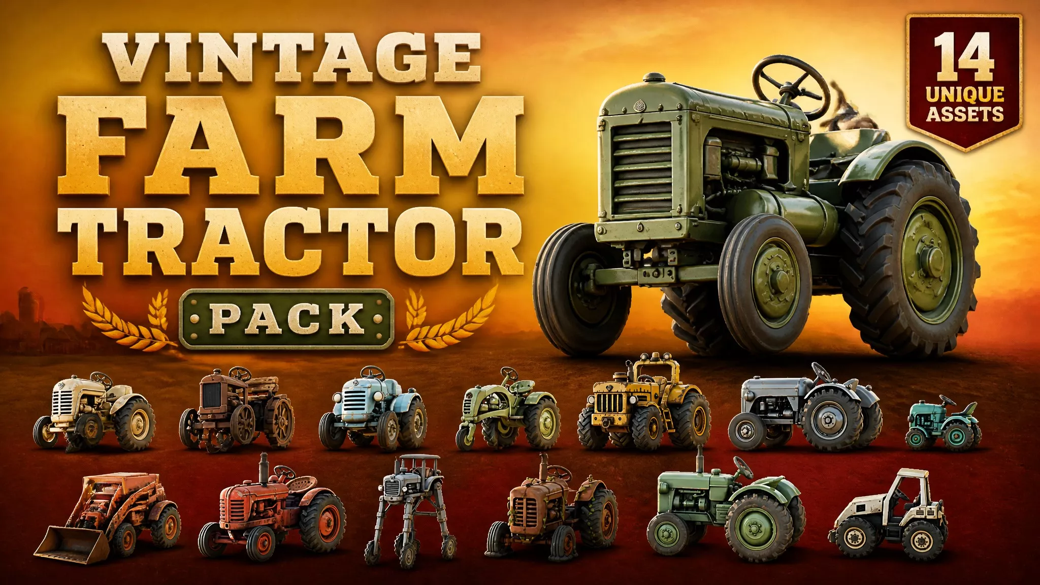 Vintage Farm Tractor Pack Low-poly 3D model