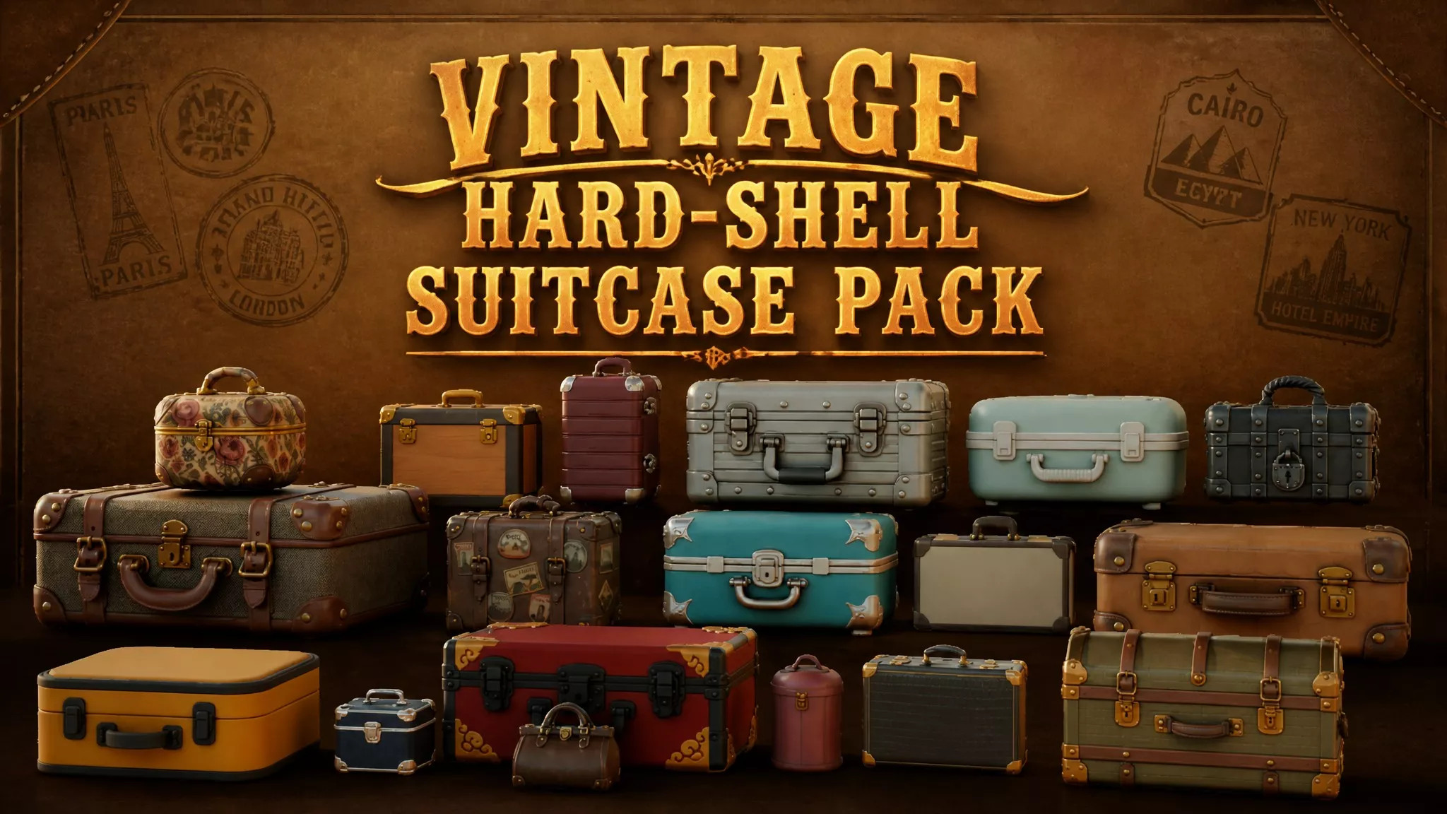 Vintage Hard-Shell Suitcase Pack Low-poly 3D model