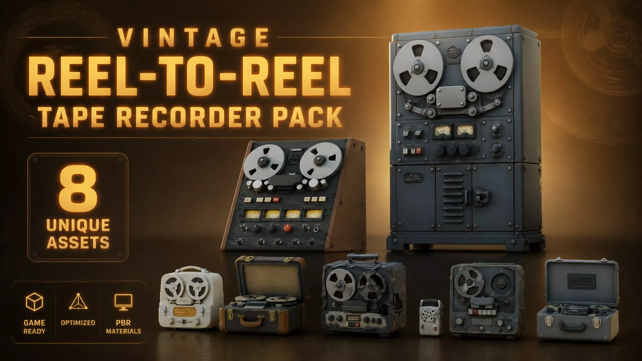 Vintage Reel-to-Reel Tape Recorder Pack Low-poly 3D model