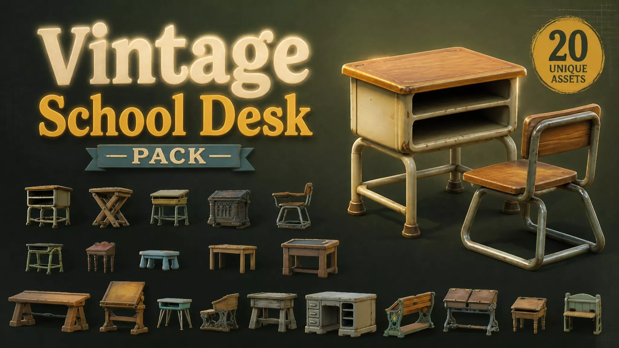 Vintage School Desk Pack Low-poly 3D model