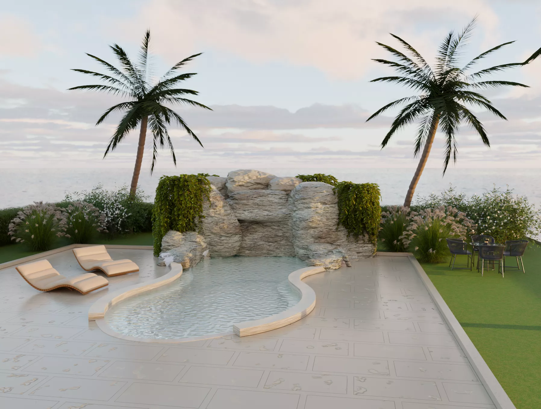 Tropical Swimming Pool with Rock Waterfall Landscape 3D Model 3D model