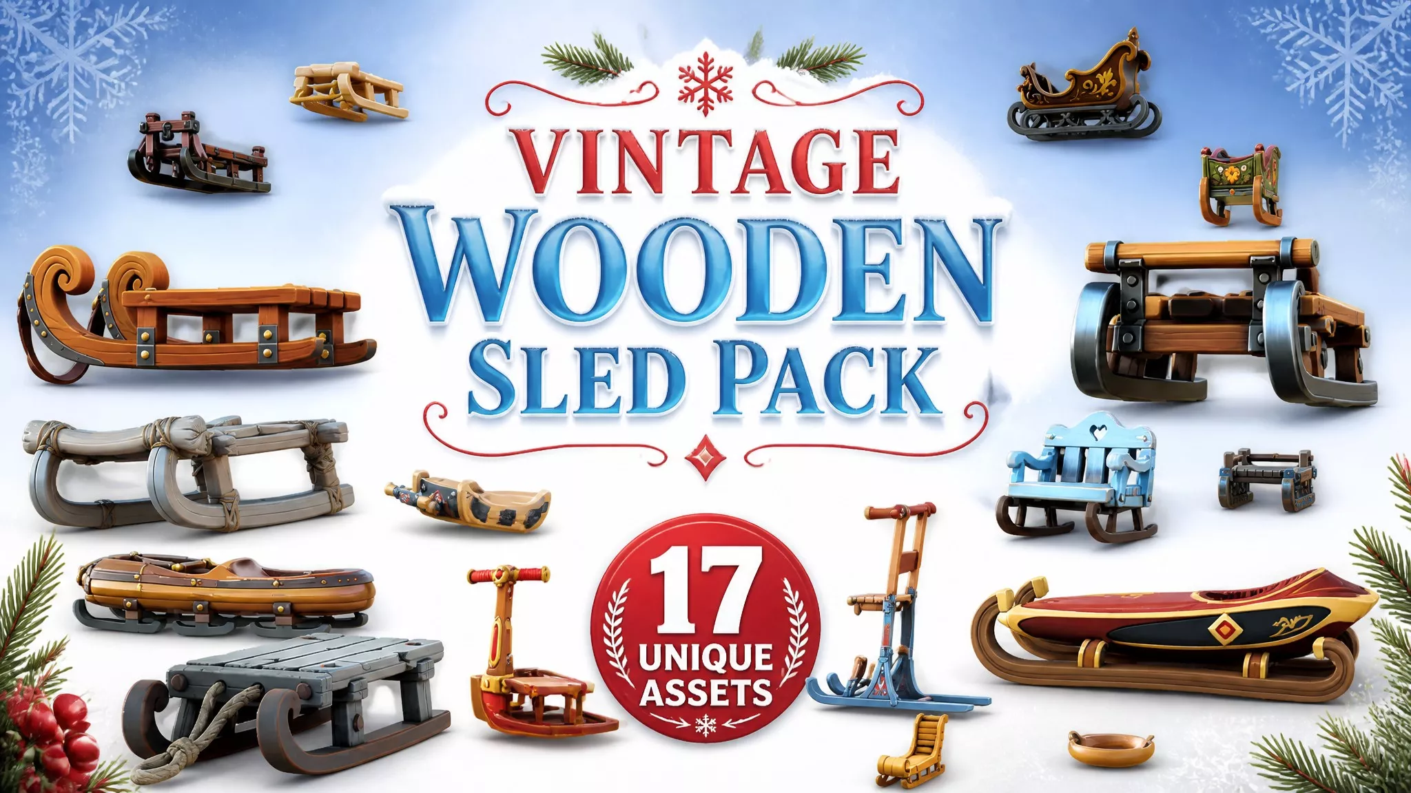 Vintage Wooden Sled Pack Low-poly 3D model
