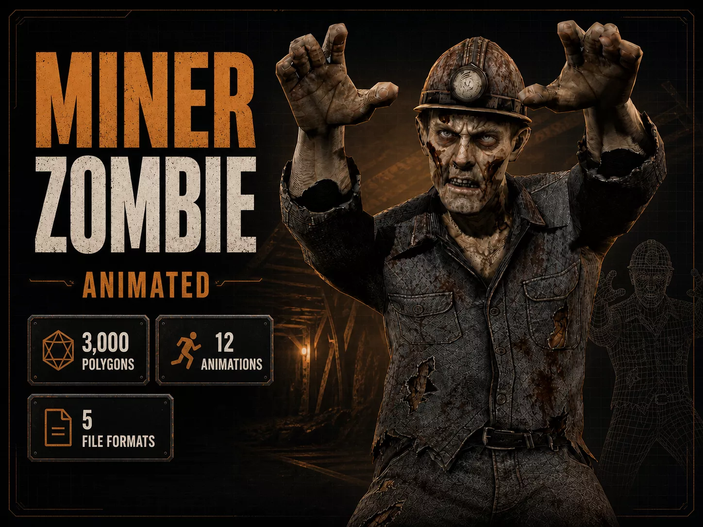 Animated Miner Zombie Low-poly 3D model