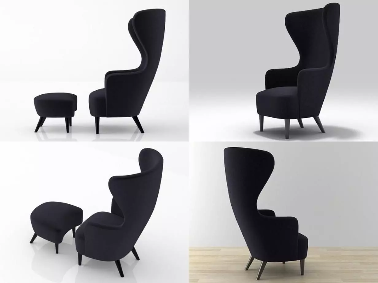 Wingback three chairs and footstool 3D model_2