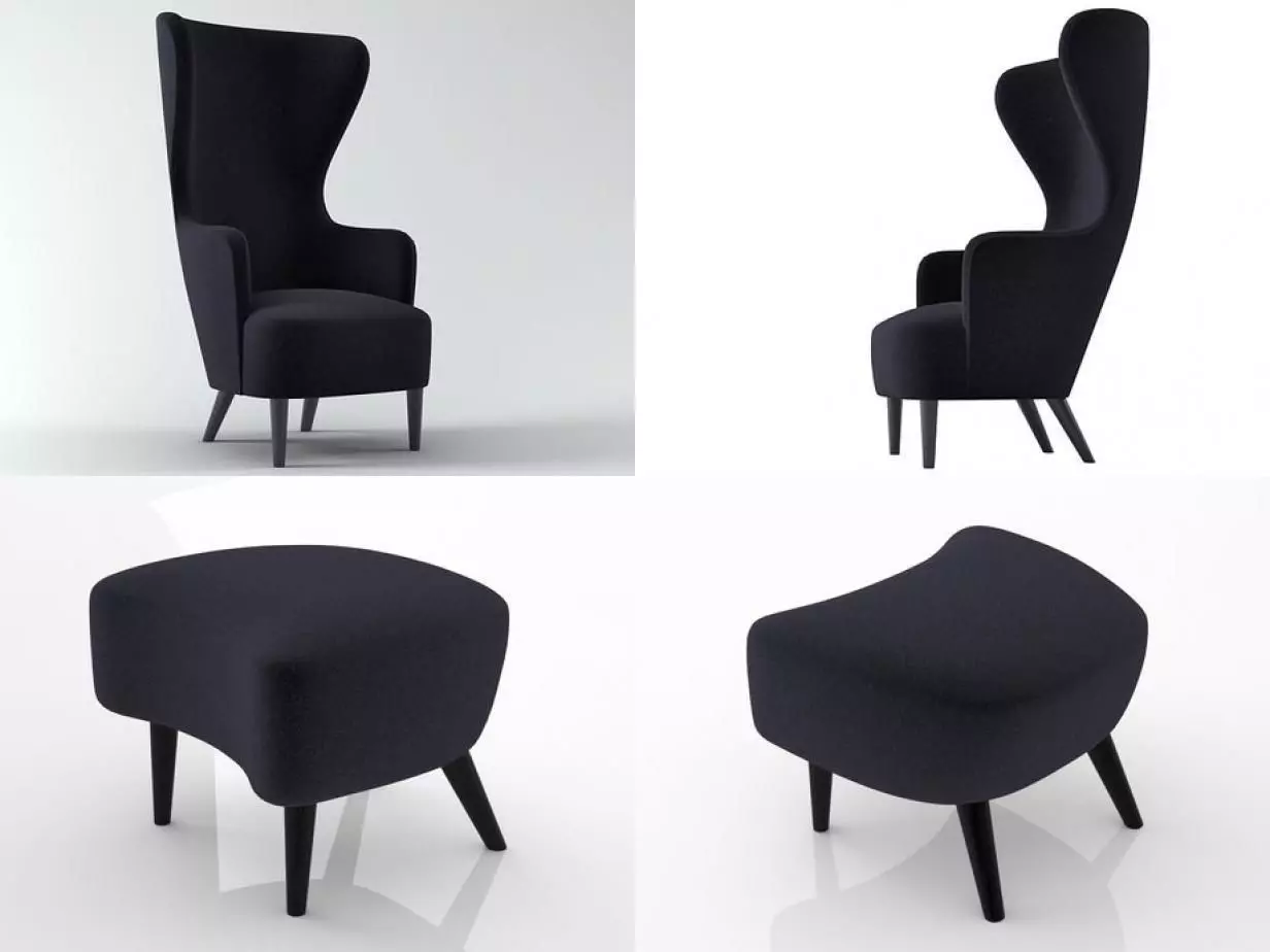 Wingback three chairs and footstool 3D model_3