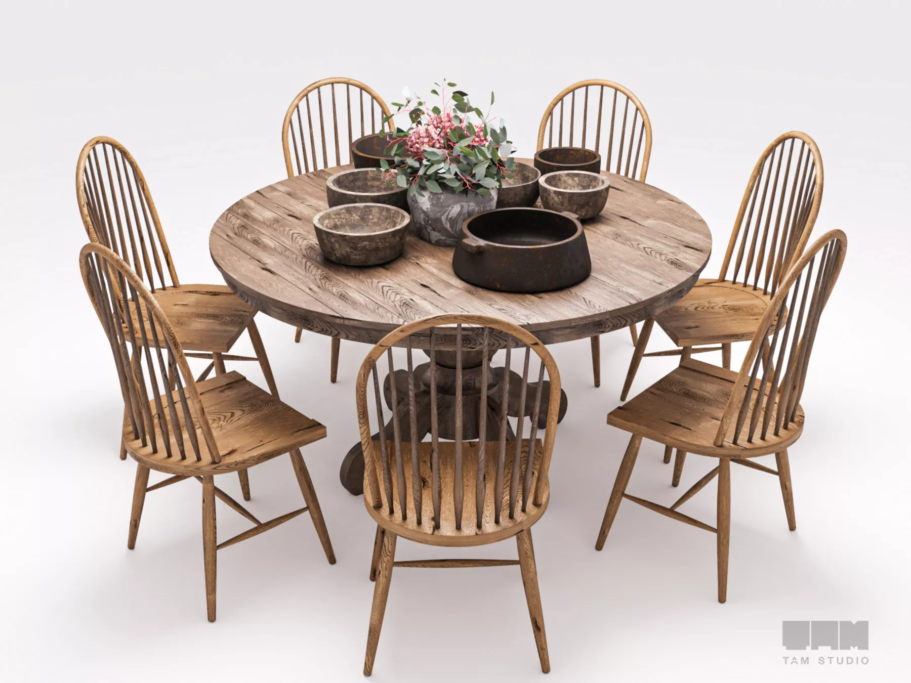 Rustic Farmhouse Round Dining Set 3D model