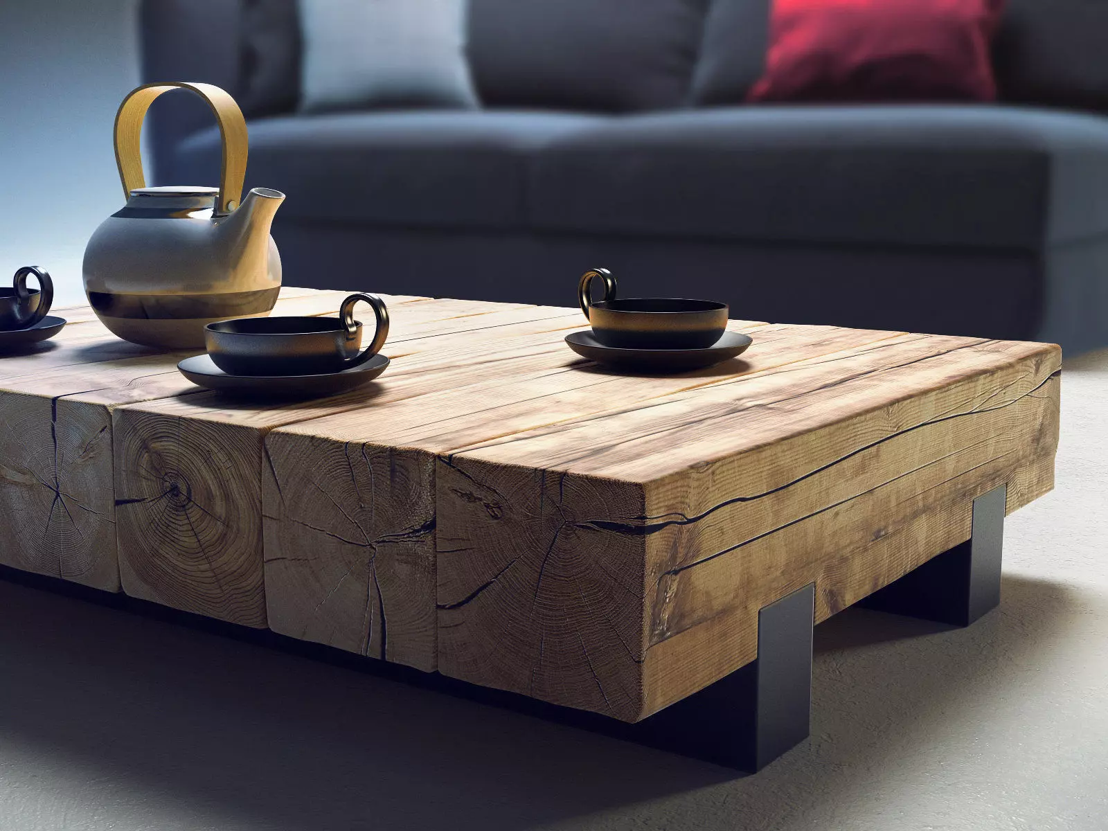 Beam wooden coffee table with legs 3D model_2