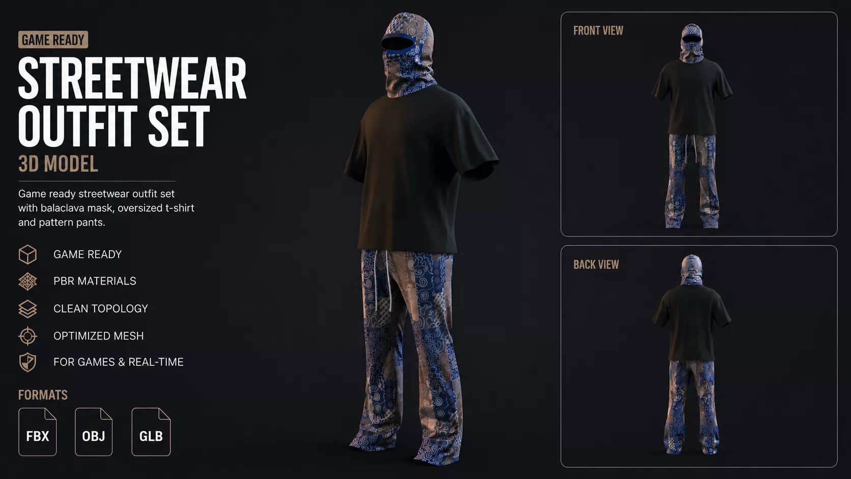 Streetwear Blue Paisley Set Game Ready Low-poly 3D model