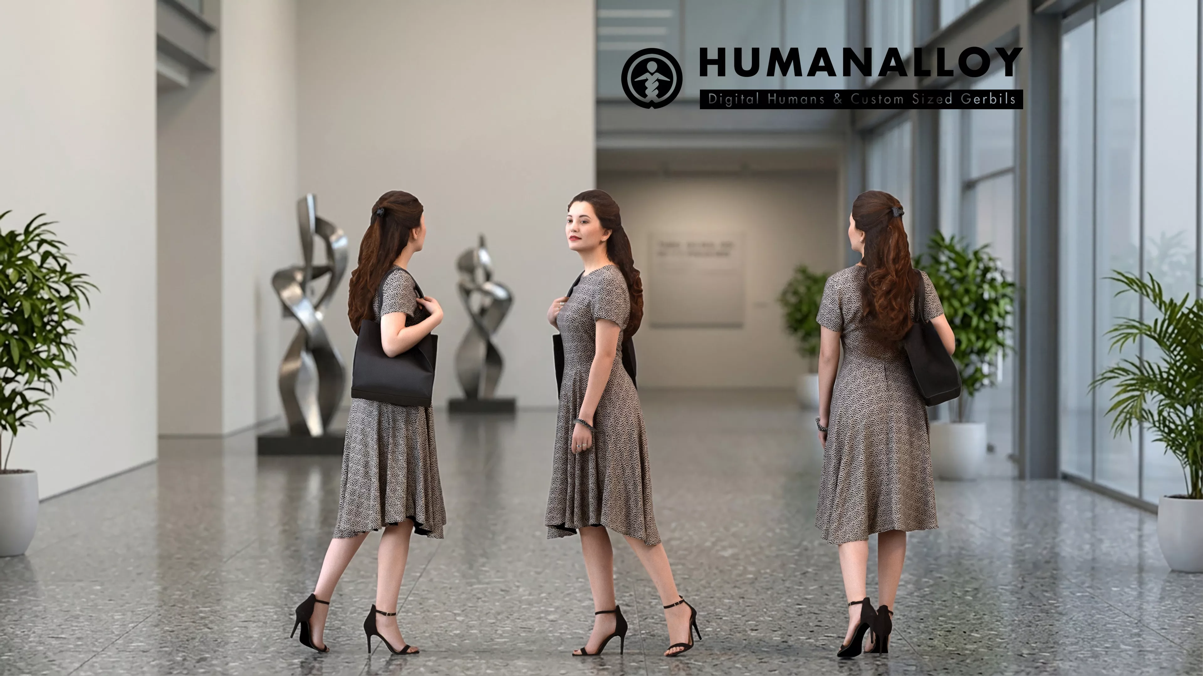 Adult Caucasian woman walking through public space with bag 3D model