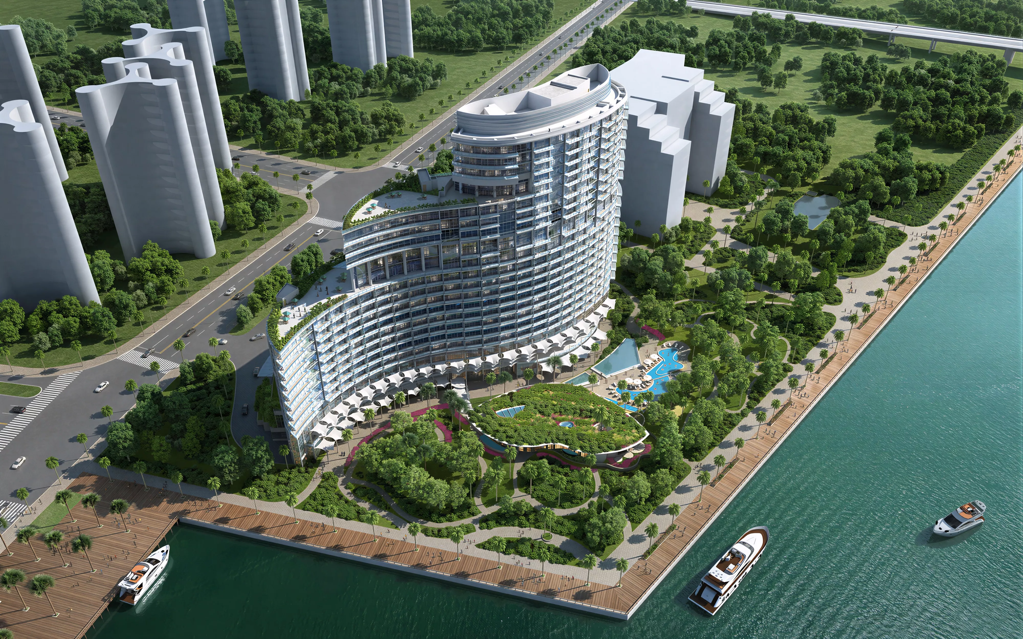 Luxury Curved Waterfront Resort Hotel Marina 3D Model 3D model