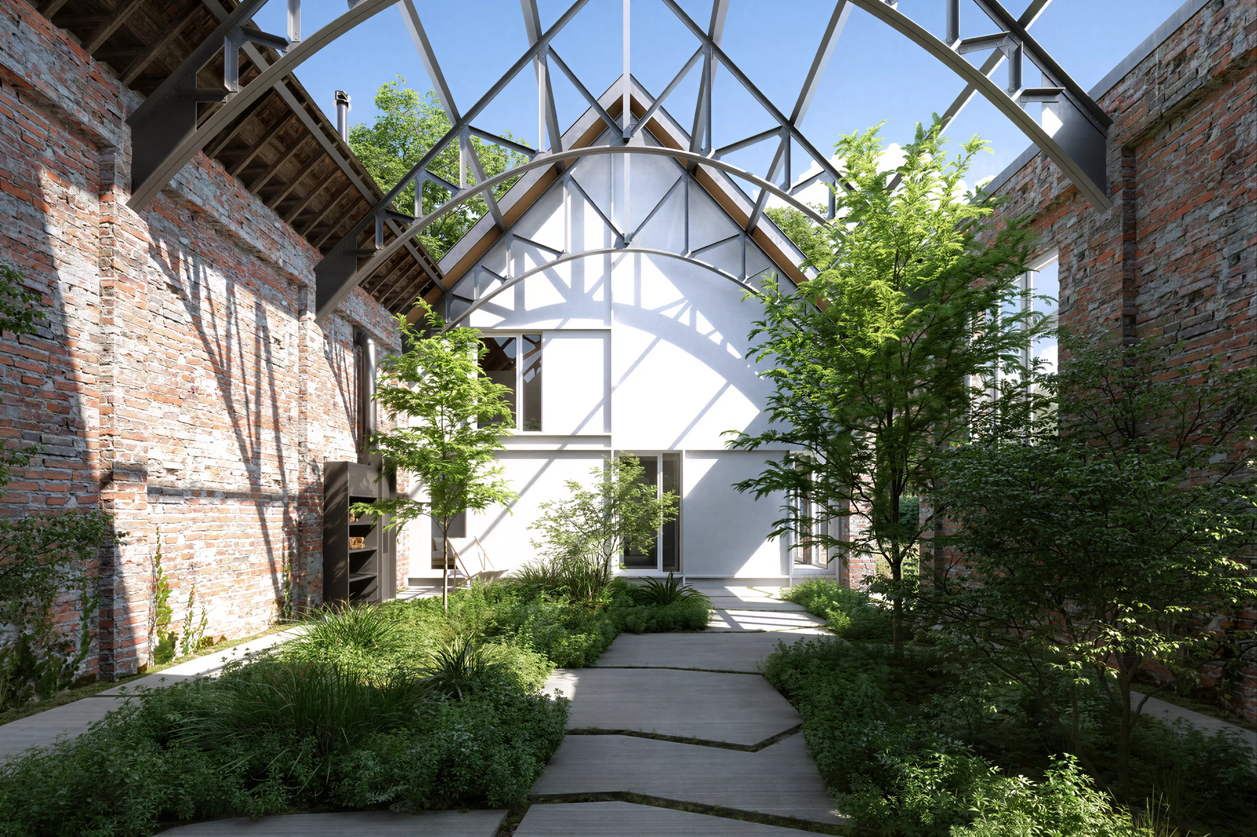 Industrial Brick Atrium Garden Steel Roof 3D Model 3D model