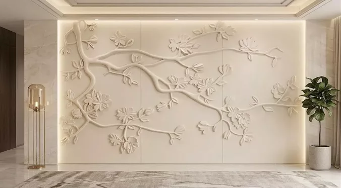 Horizontal Cherry Blossom Branch Wall Panel Relief STL CNC