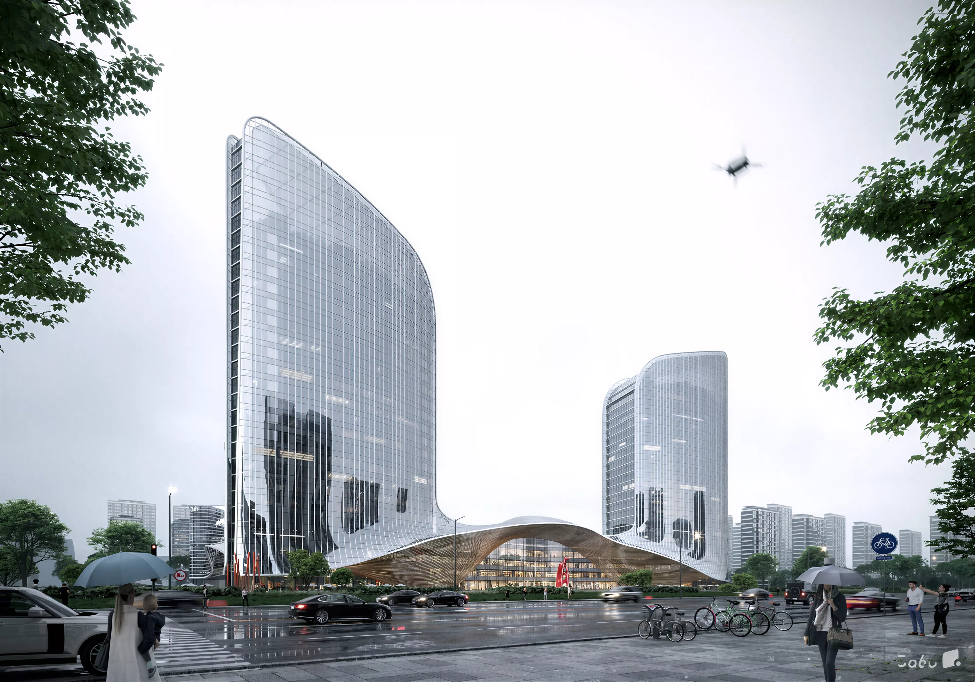 Modern Curved Glass Twin Tower Commercial Complex 3D Model 3D model