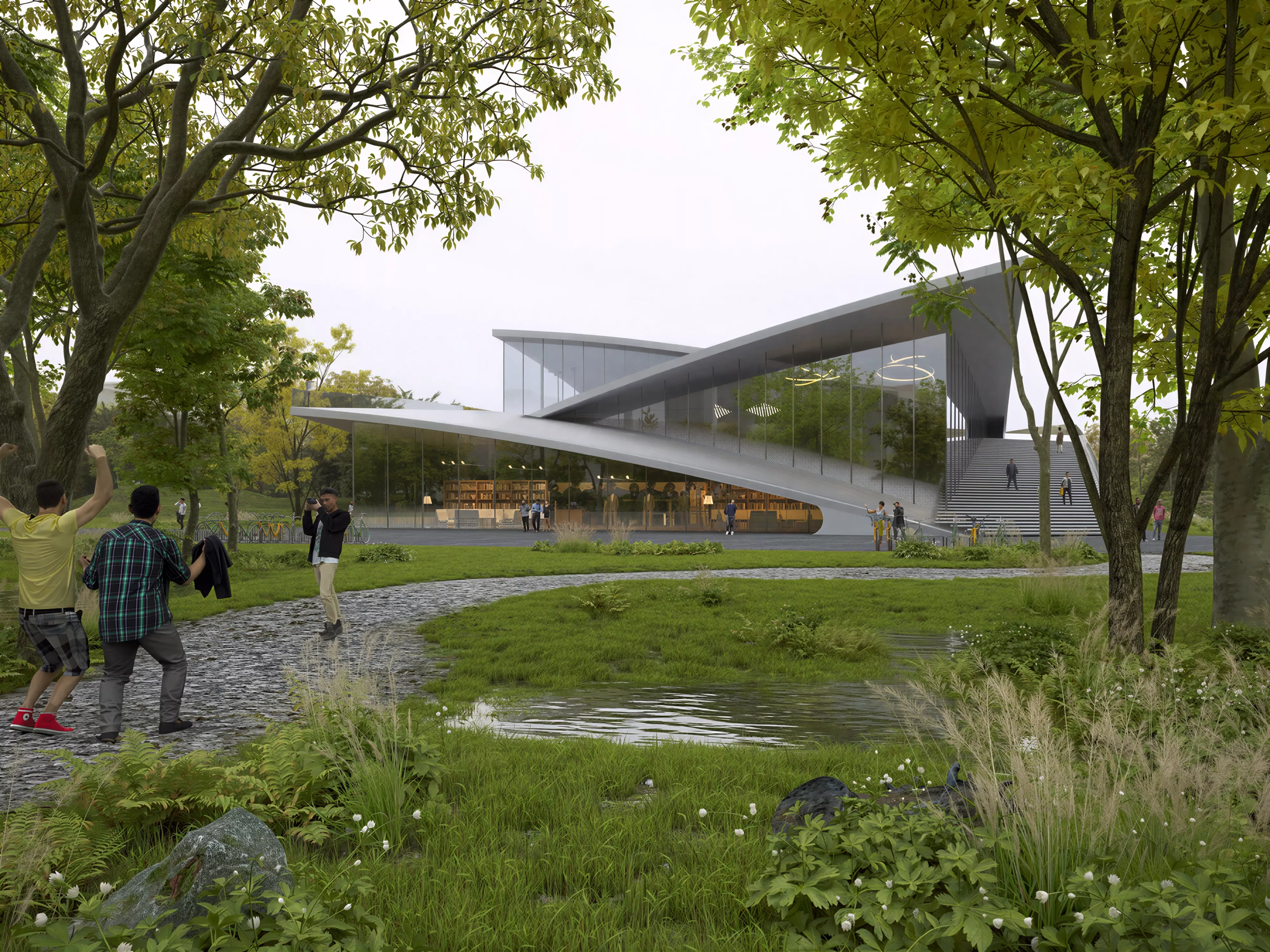 Modern Twisted Glass Pavilion Park Landscape 3D Model 3D model