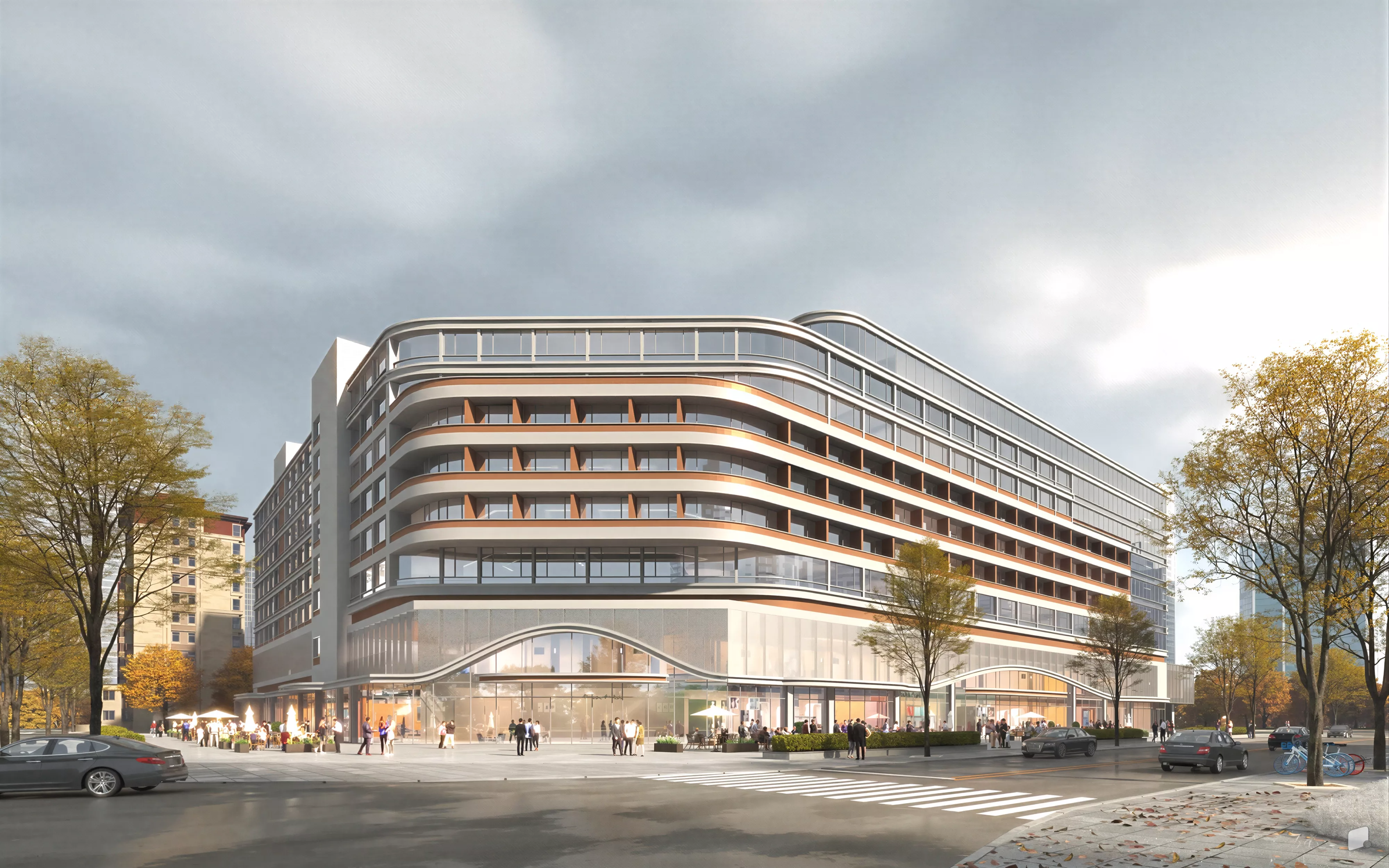 Modern Curved Commercial Complex Street Exterior 3D Model 3D model