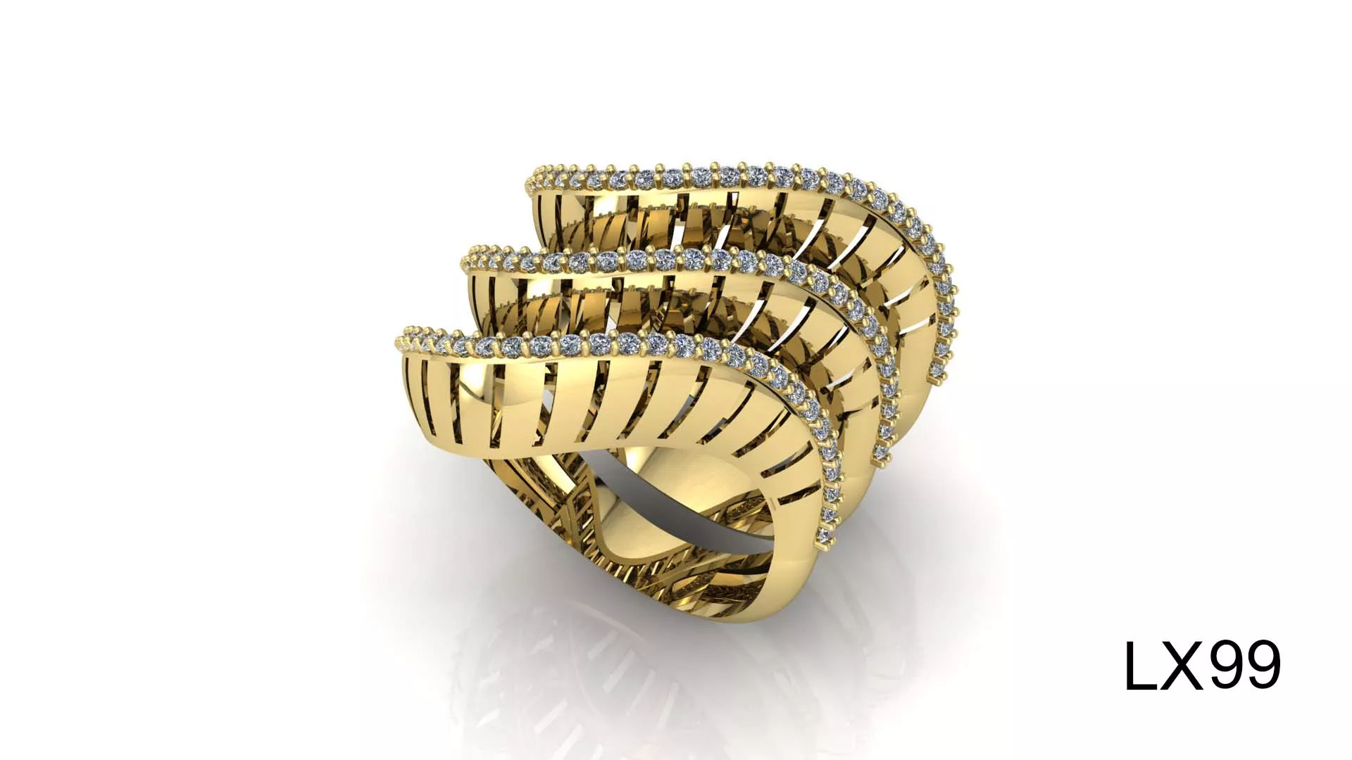Luxury three-wave gold pave ring 3D print model