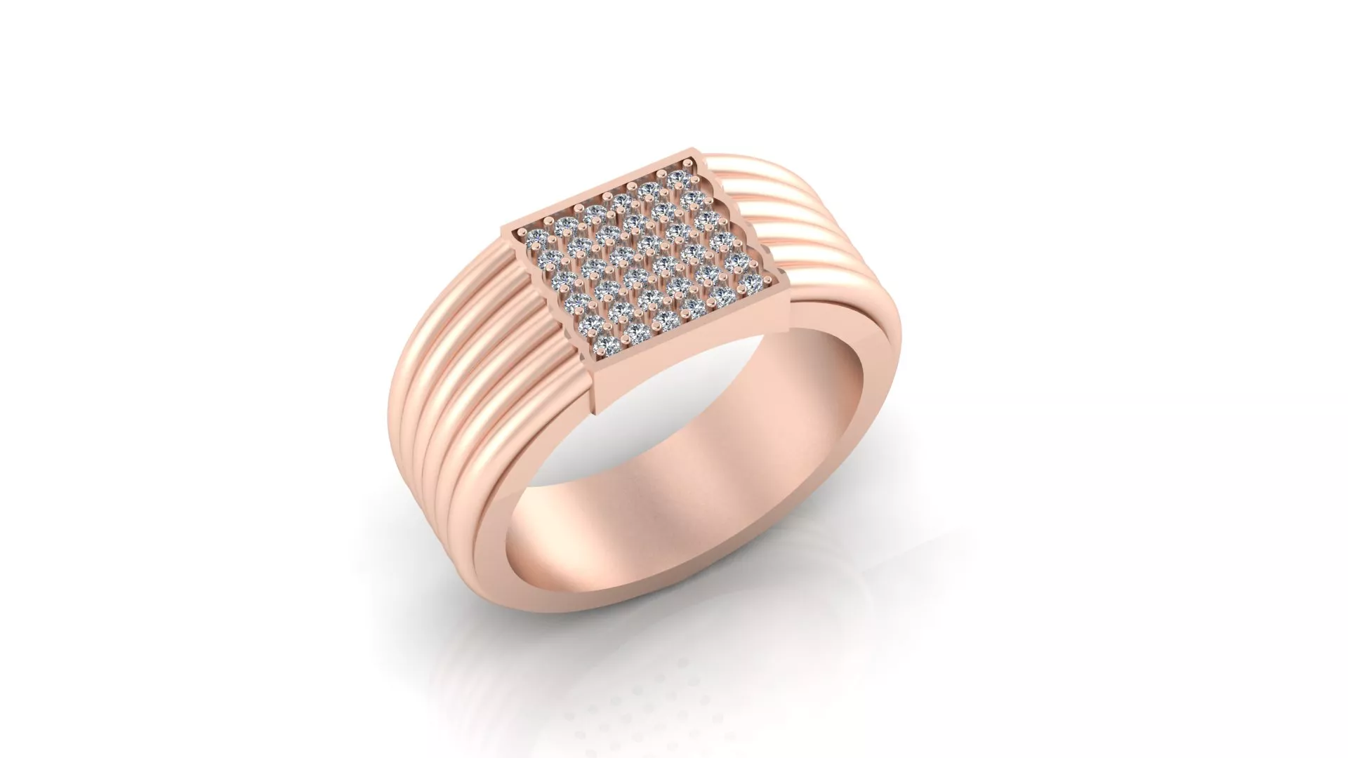 Rose Gold Ribbed Square Pave Diamond Signet Band Ring Model 3D print model