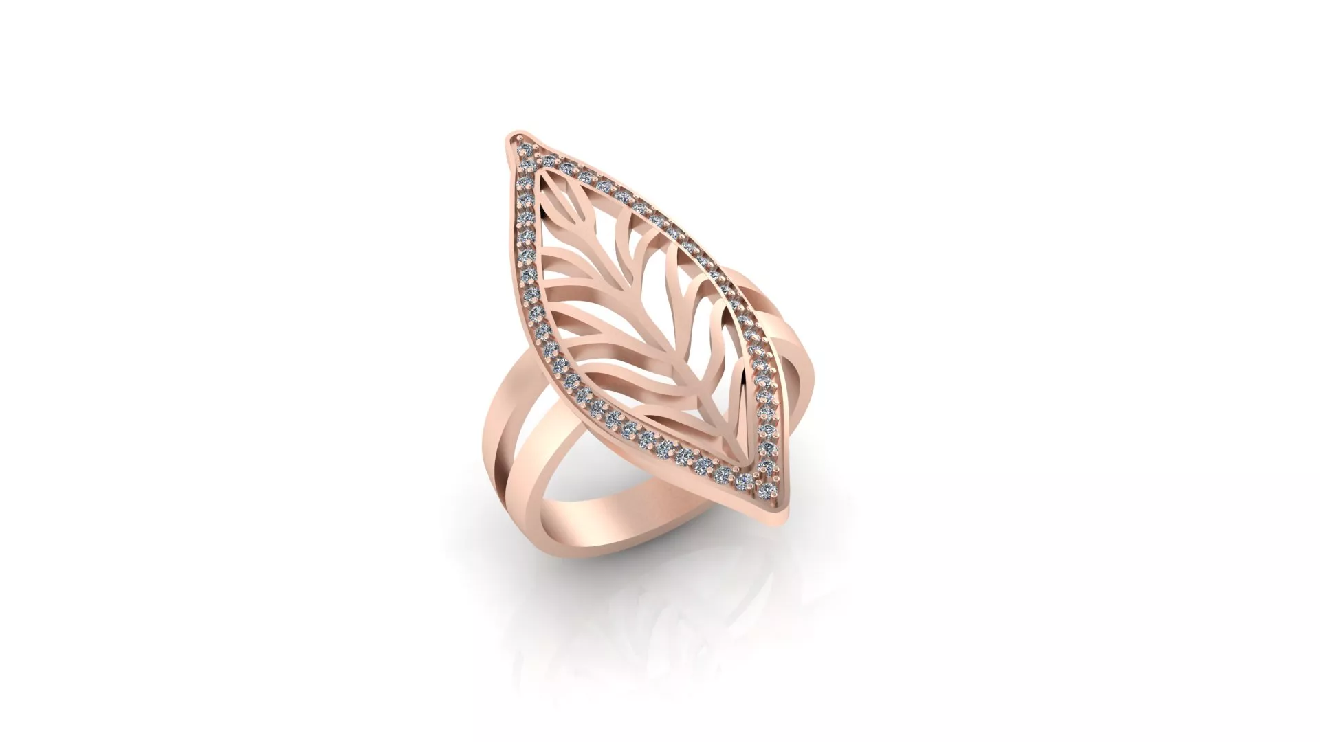 Rose Gold Pave Diamond Openwork Leaf Bypass Shield Ring 3D print model