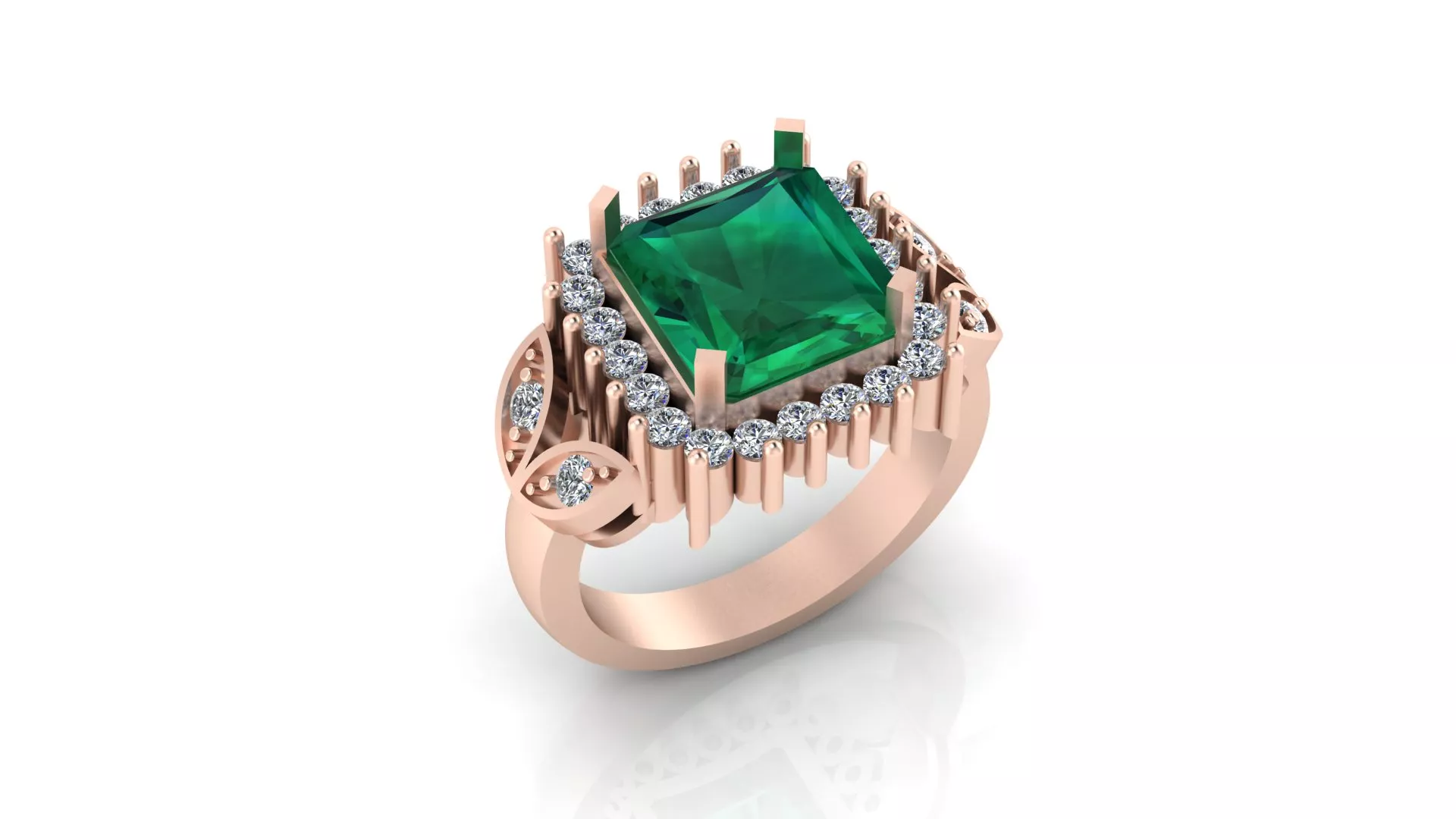 Rose Gold Princess Emerald Starburst Halo Accent Diamond Ring 3D print model
