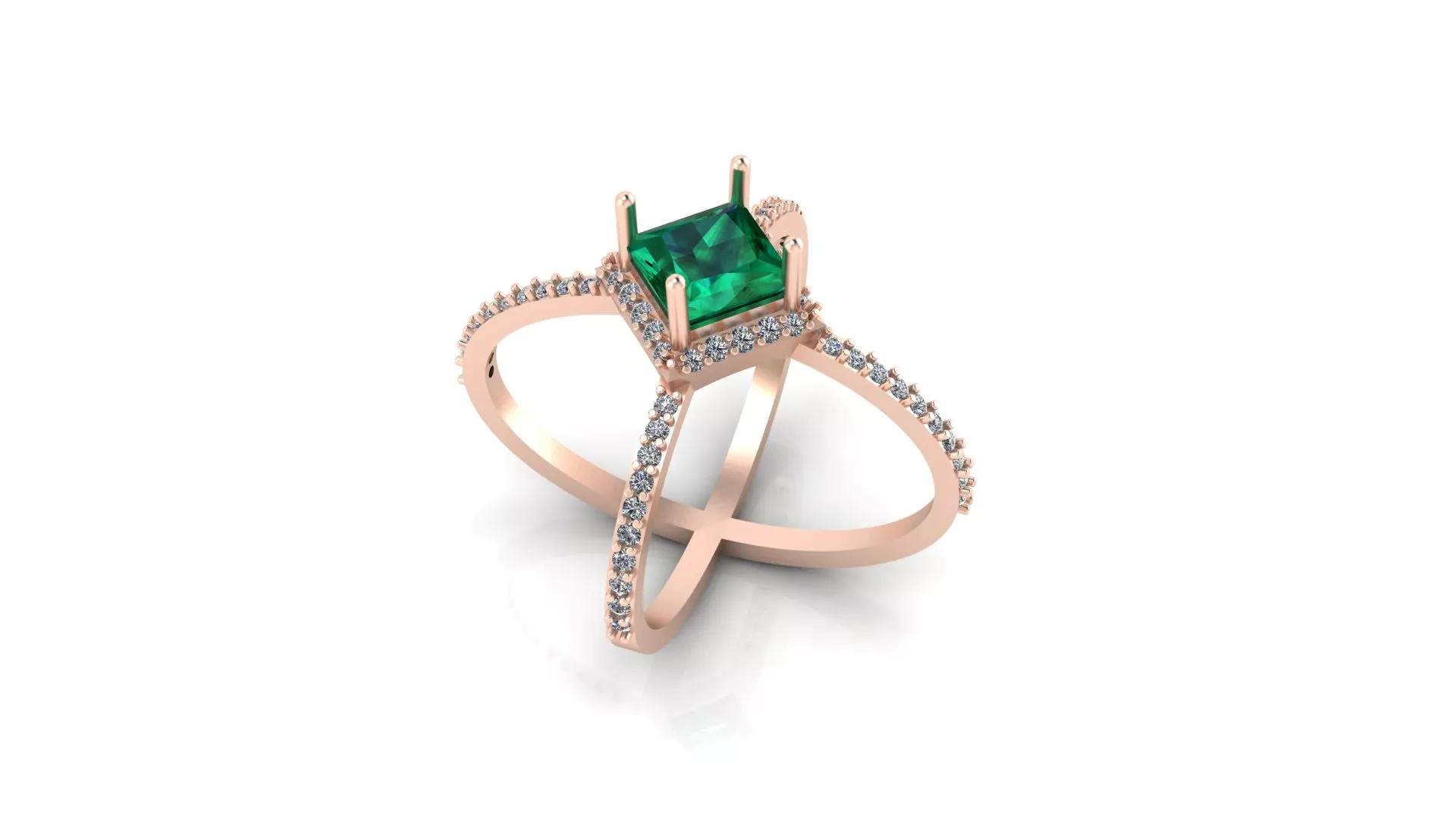 Princess Emerald Halo Crossover Diamond Engagement Ring 3D print model