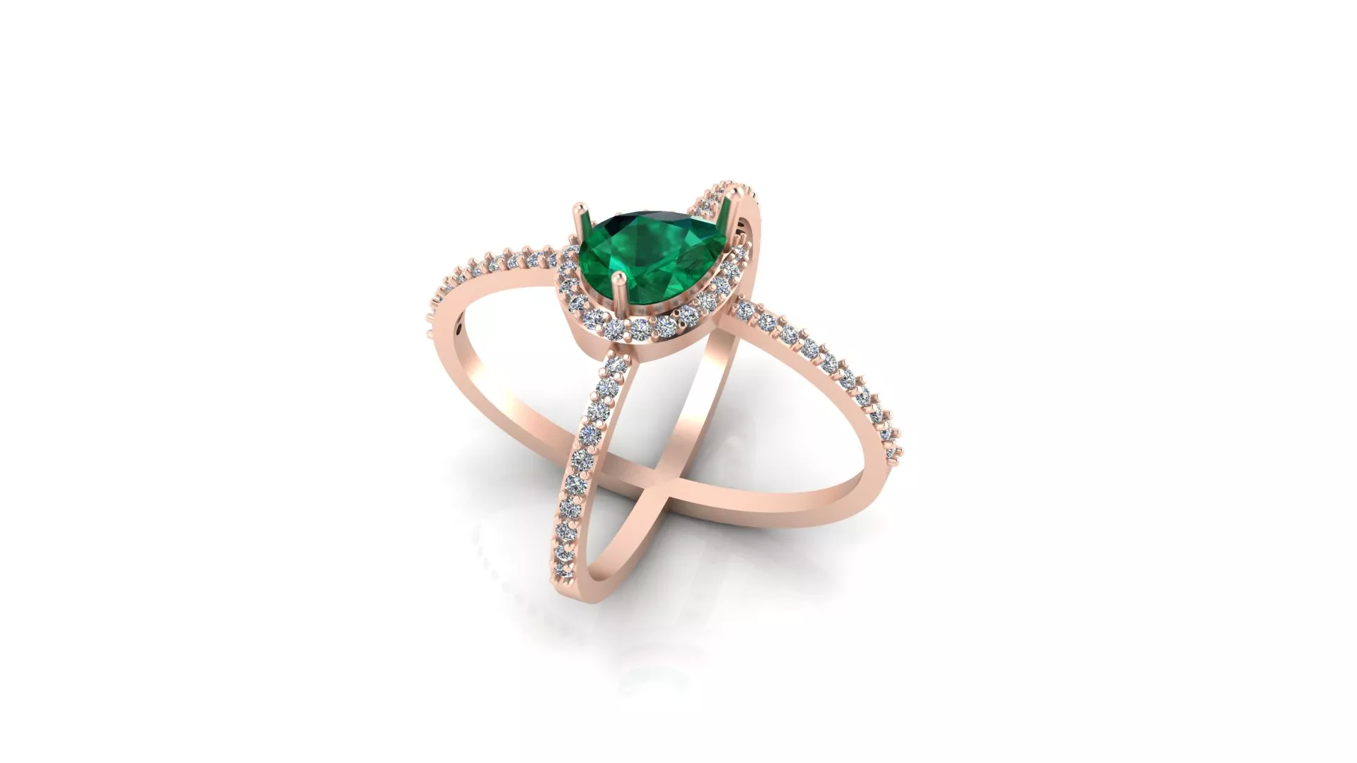 Rose Gold Pear Emerald Halo Crossover Bypass Diamond Ring Model 3D print model