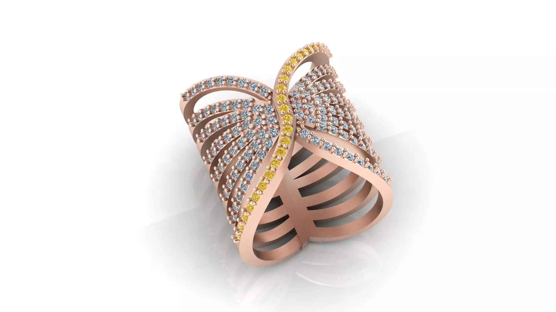 Rose Gold Multi Row Pave White Yellow Diamond Crossover Ring 3D print model