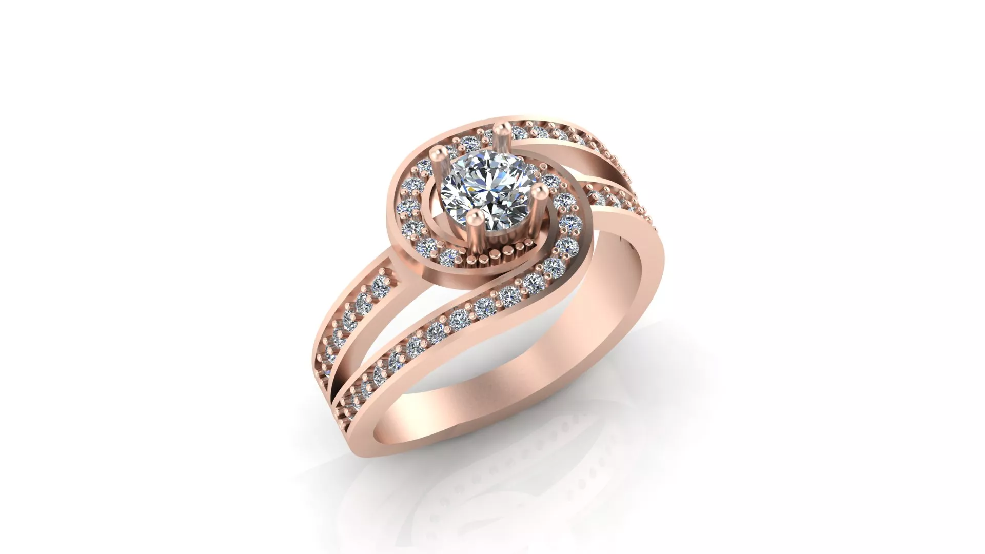 Rose Gold Swirl Halo Solitaire Diamond Crossover Ring 3D print model