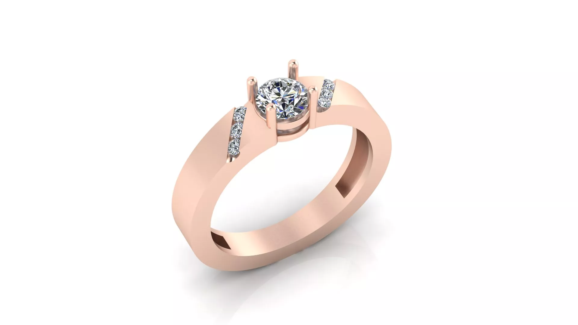 Rose Gold Solitaire Ring With Diagonal Diamond Accents 3D print model