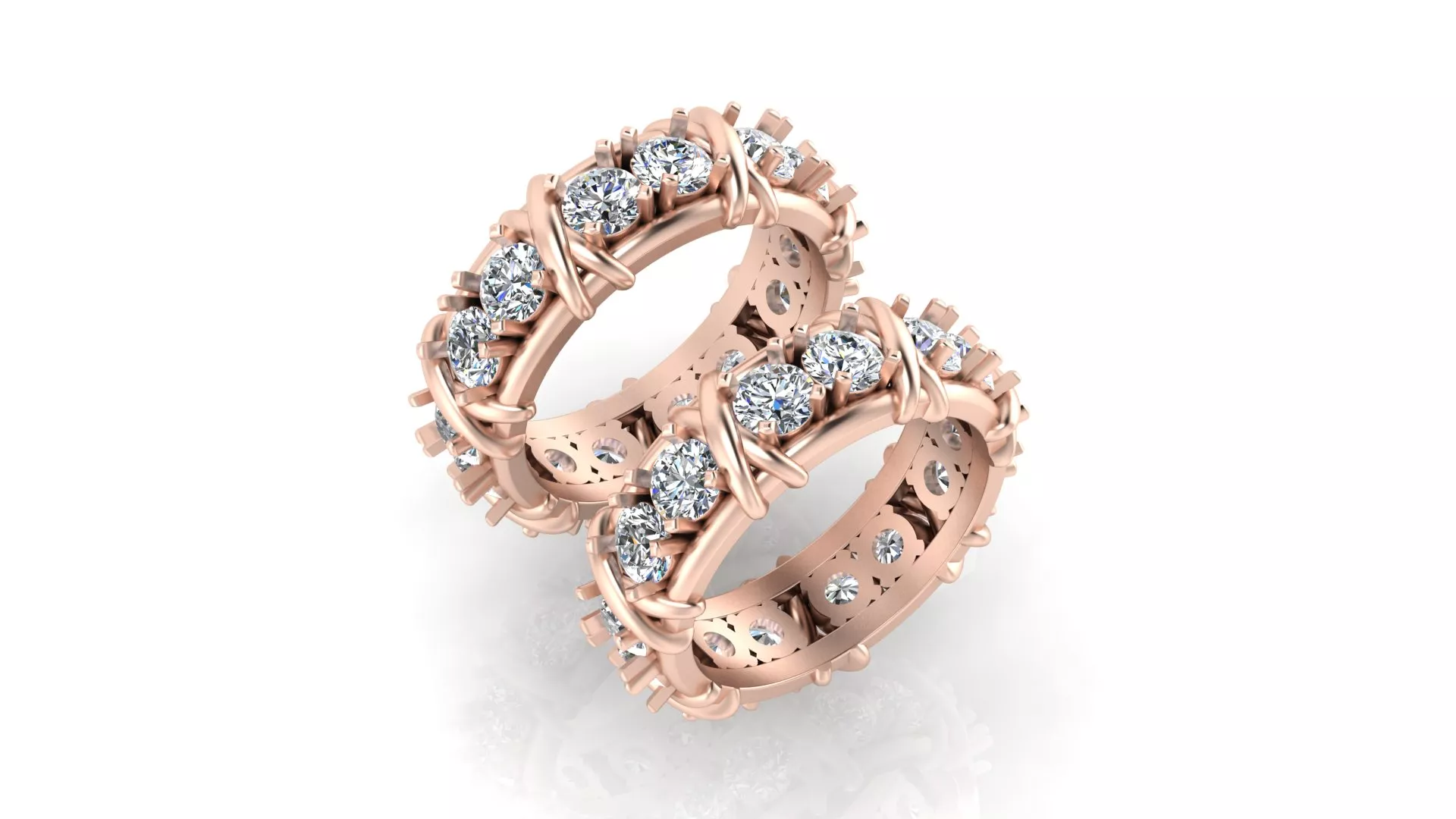 Rose Gold Criss Cross Lattice Diamond Eternity Band Pair 3D print model