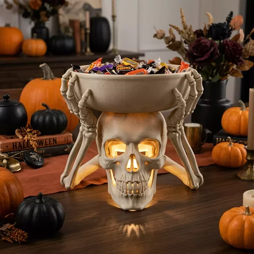 Skeleton Hands Skull Candy Bowl LED Lamp Halloween