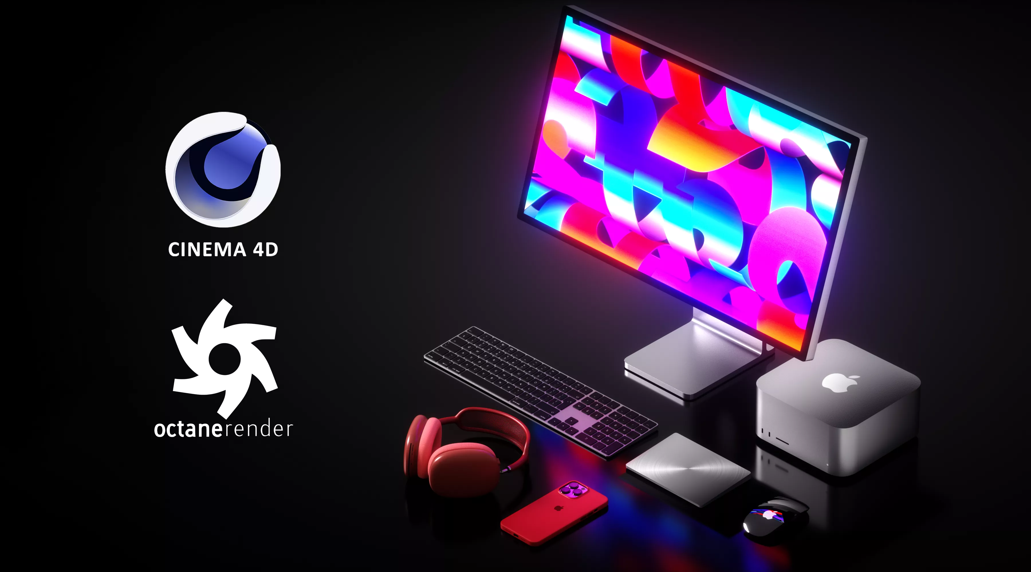 Apple Ecosystem Desktop Setup Studio Display Mac mini iPhone Red Free 3D model