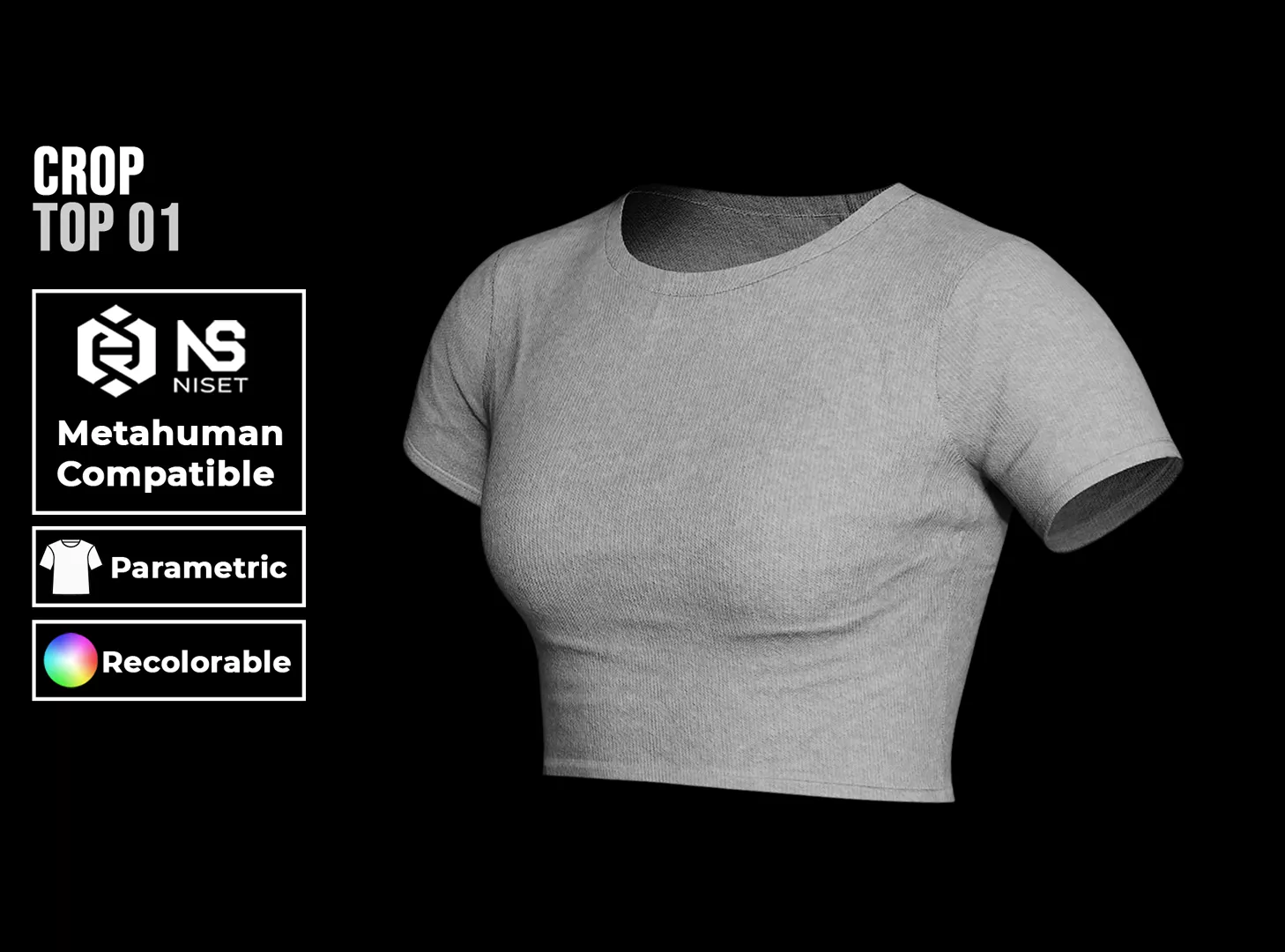 Ribbed Crop Top 01 Recolorable Parametric Crop Top for Metahuman Low-poly 3D model