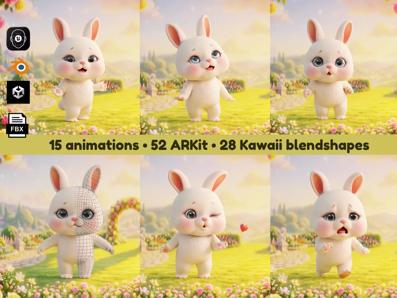 Bunny Rigged Animated 52 ARKit 28 Kawaii Blendshapes Low-poly 3D model